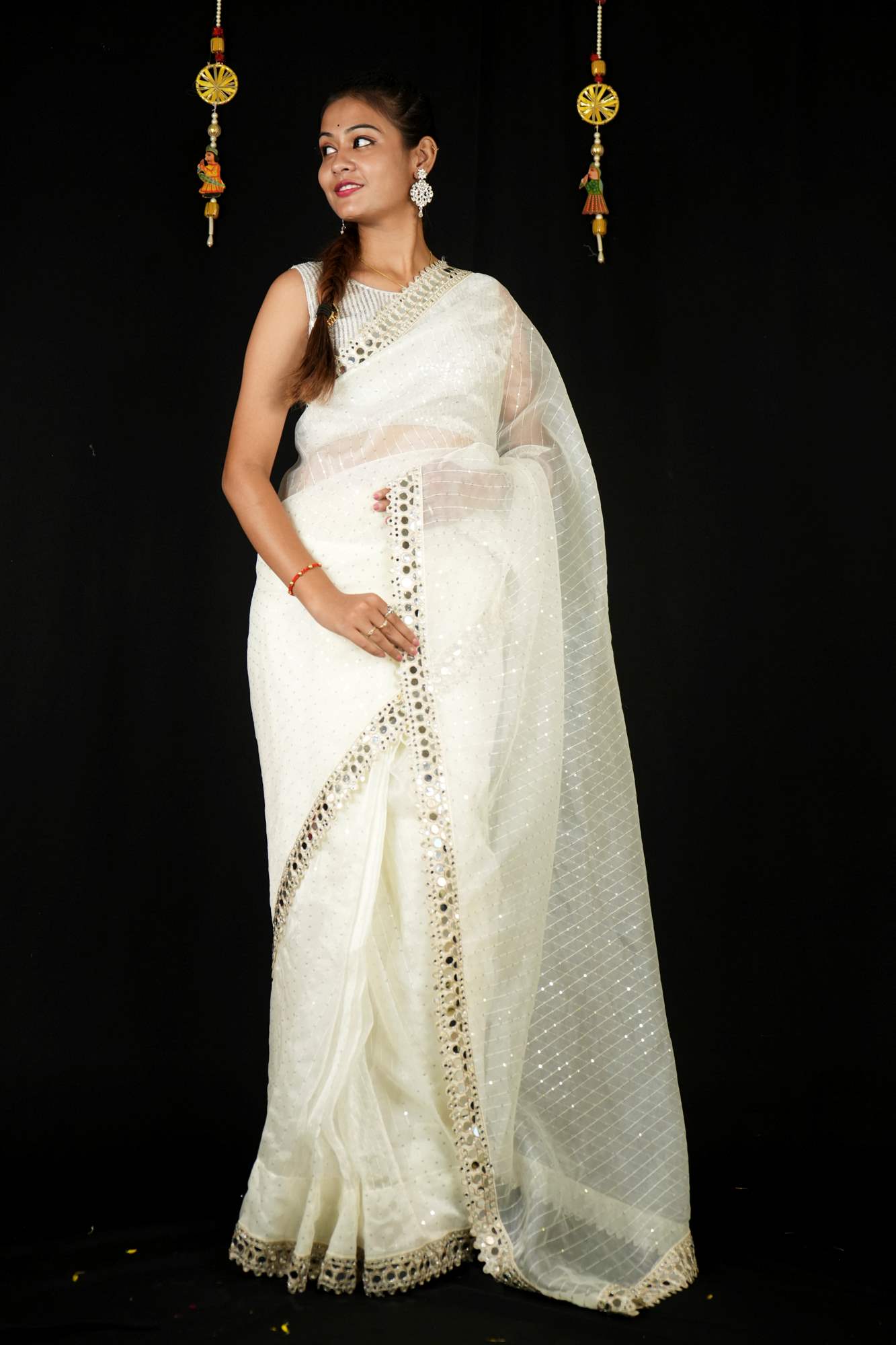 Organza With Sequin Embroidery & Mirror Border Ready To Wear Saree & ready blouse