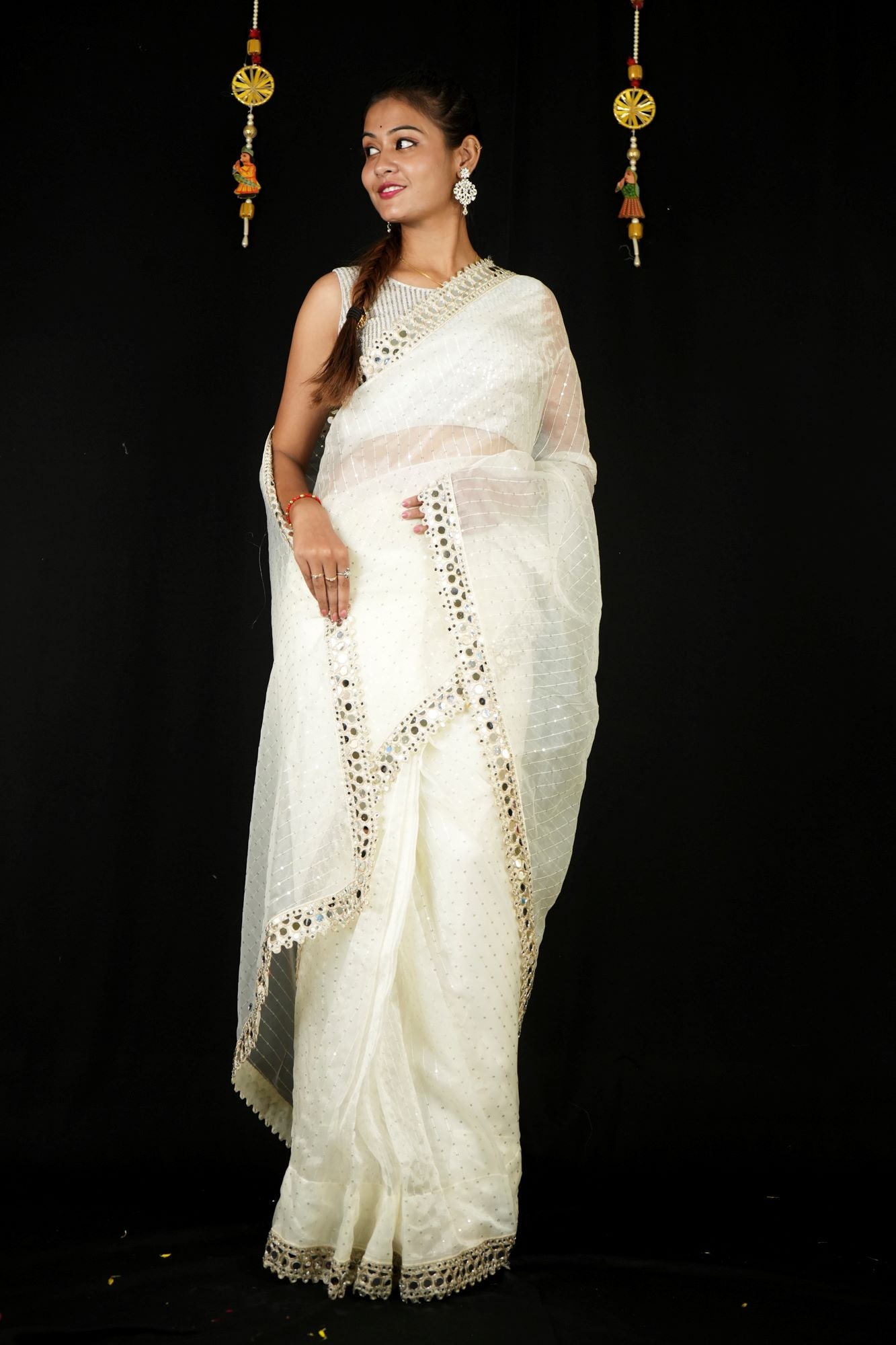 Organza With Sequin Embroidery & Mirror Border Ready To Wear Saree & ready blouse