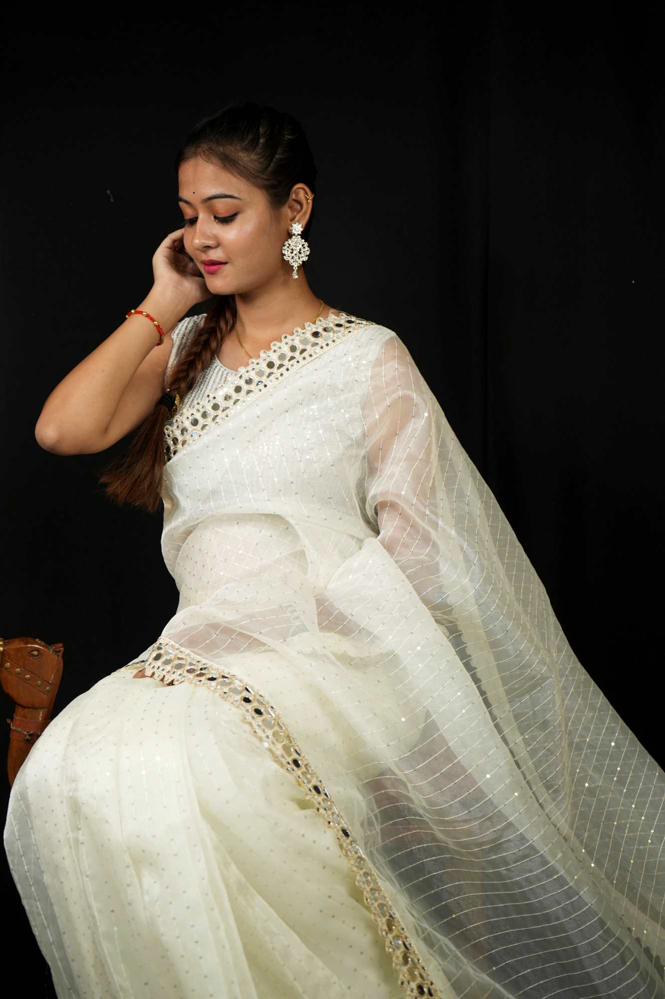 Organza With Sequin Embroidery & Mirror Border Ready To Wear Saree & ready blouse