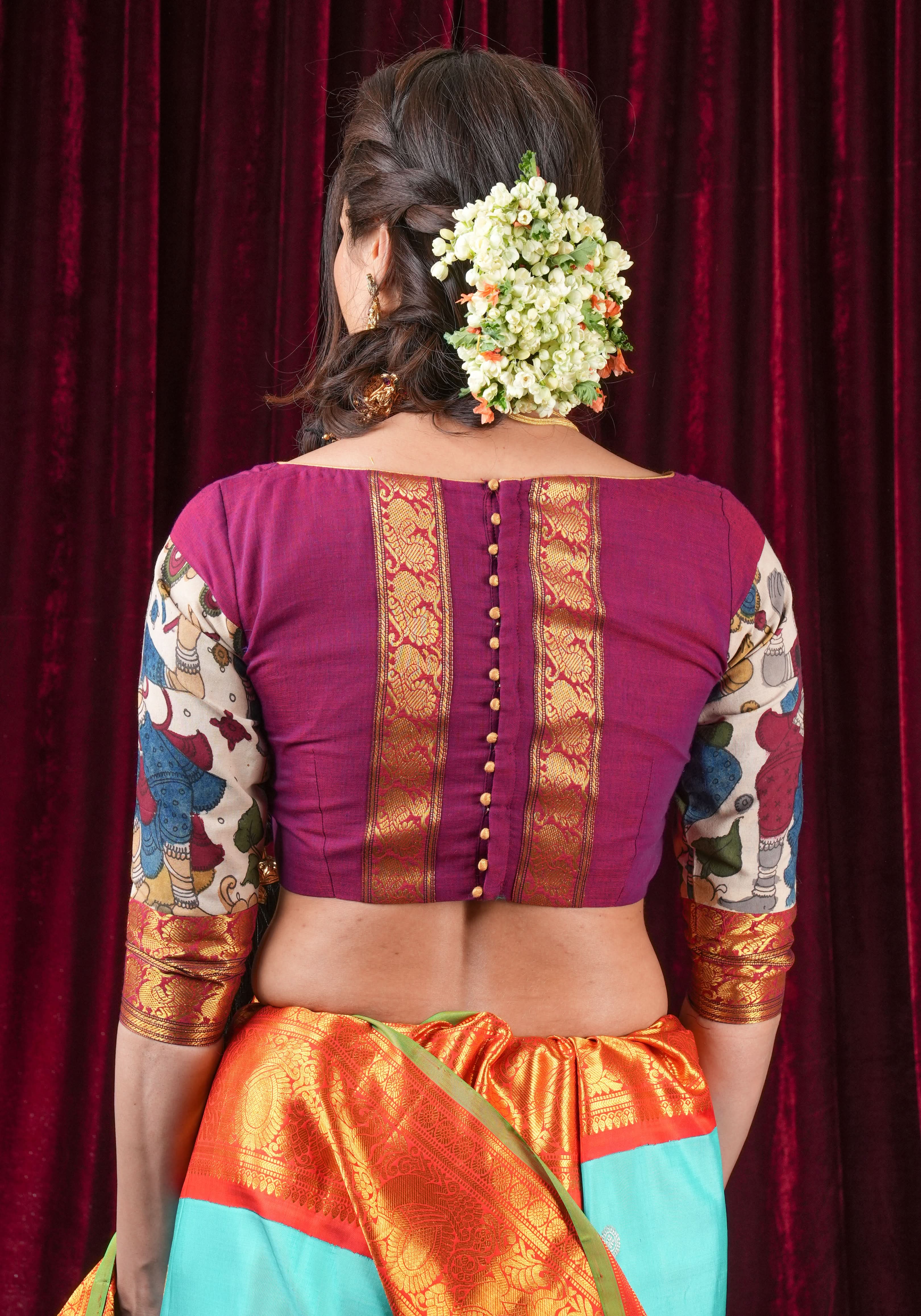 Pen Kalamkari and Plum Narayanpet Cotton Blouse with Zari detailing, Made to Order | Shobitam