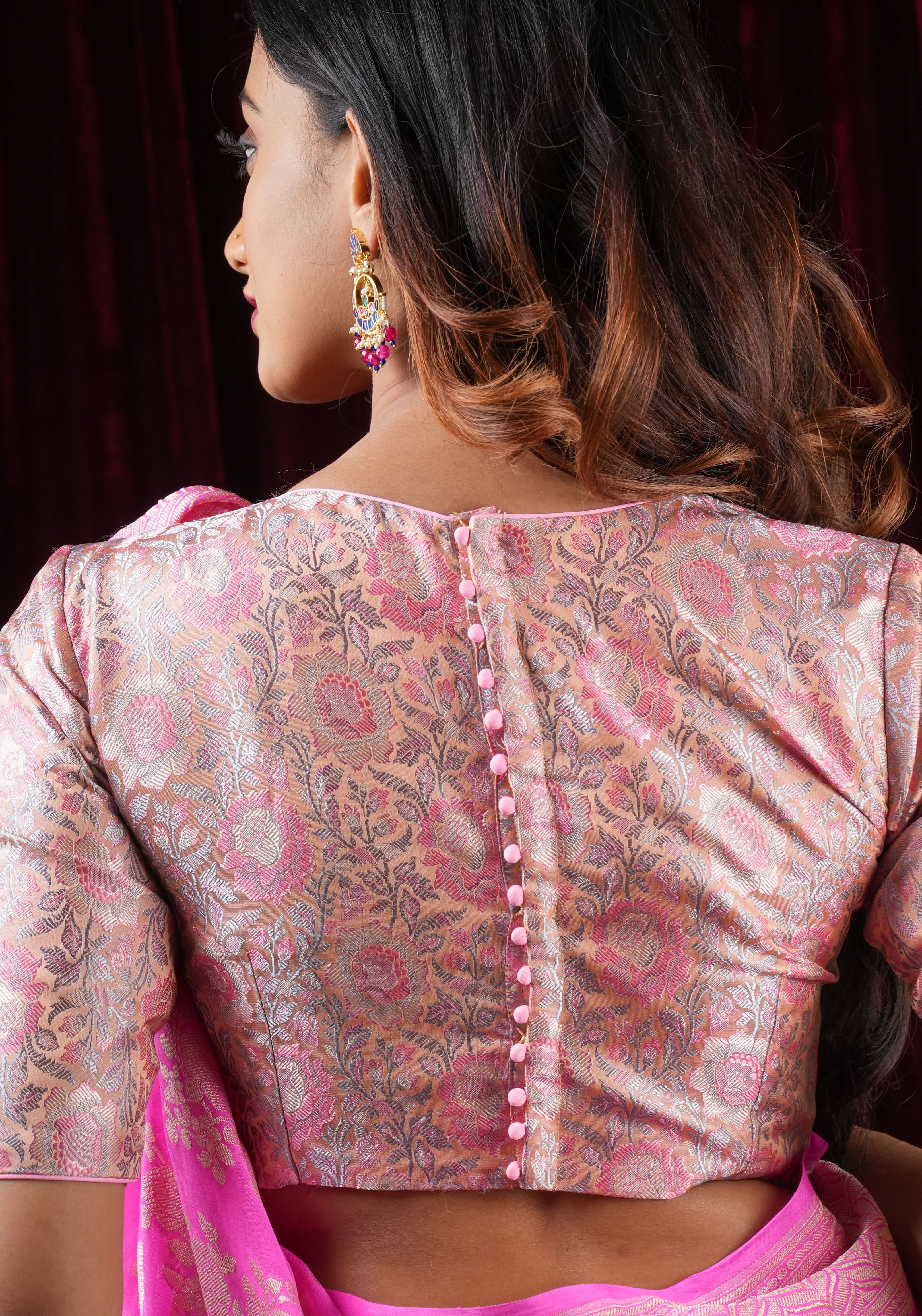 Pastel Pink Banarasi Tanchoi Floral Weave Blouse with Jewel neck and Potli Button detailing , Made to Order | Shobitam
