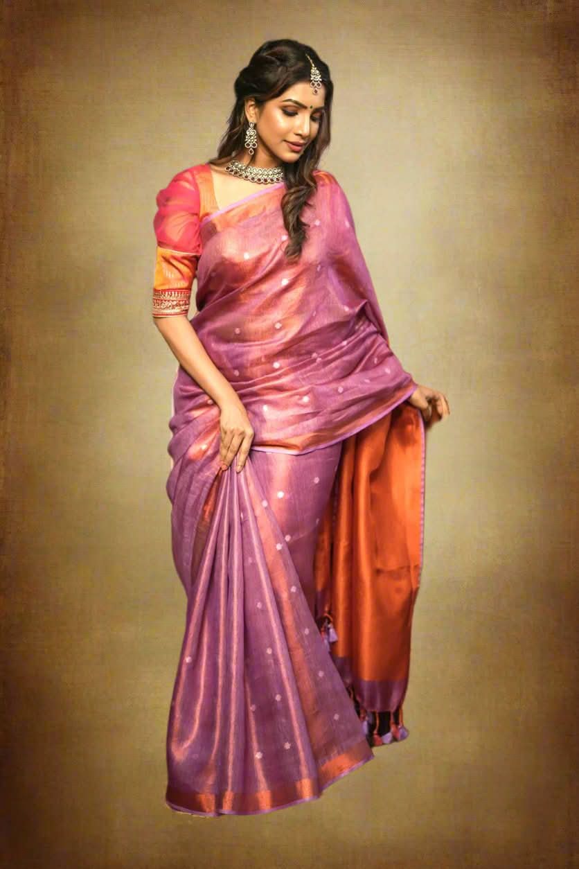 Pre Order Amethyst Copper Tissue Stunning Tissue Linen Saree with Chunri Butis and Full Tissue Pallu