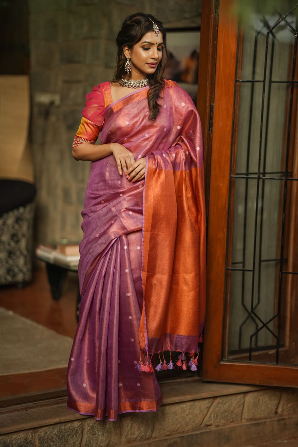 Pre Order Amethyst Copper Tissue Stunning Tissue Linen Saree with Chunri Butis and Full Tissue Pallu
