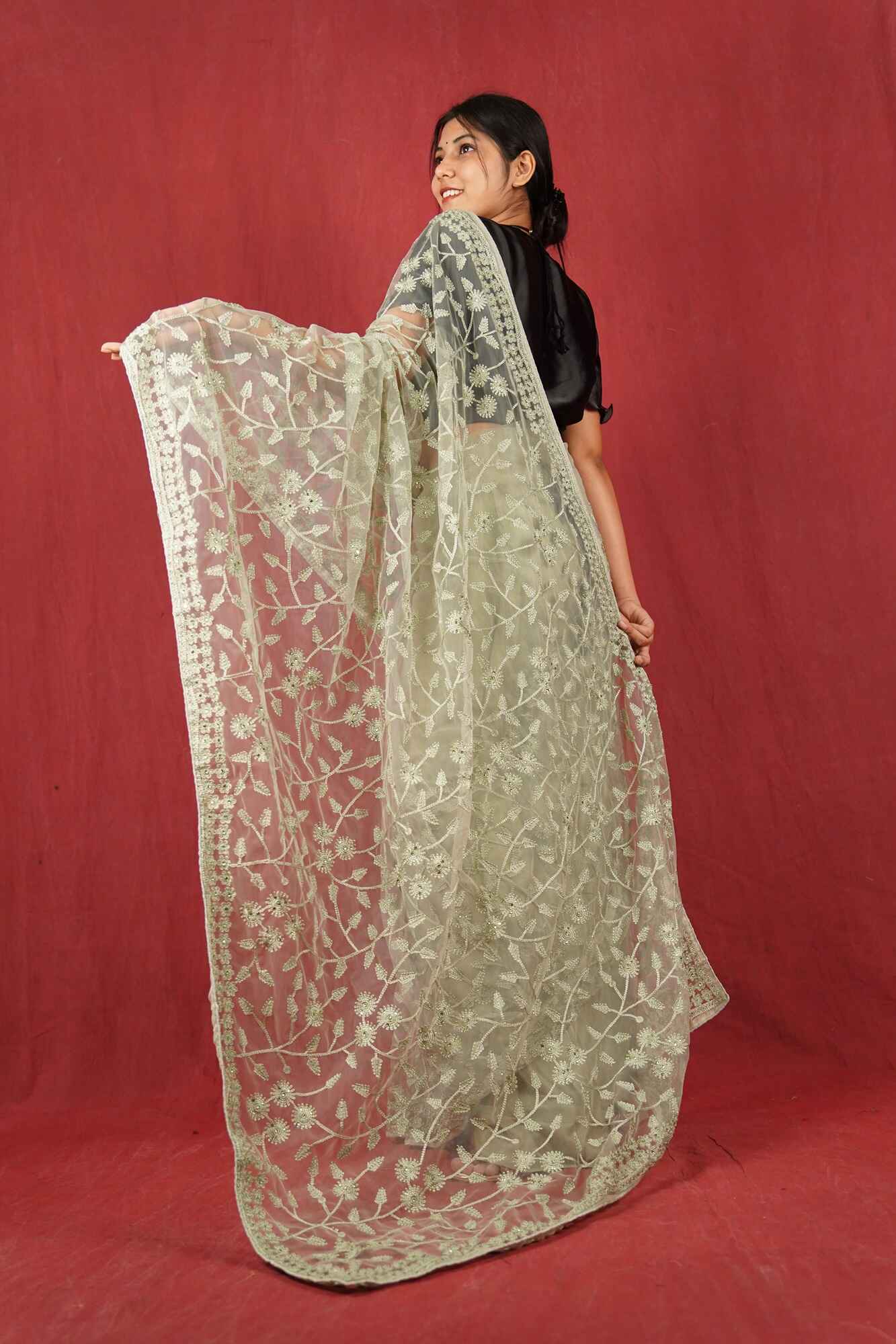 Ready To Wear Green Floral Soft Net Embroidered glamorous Wrap in 1 minute saree - Isadora Life Online Shopping Store