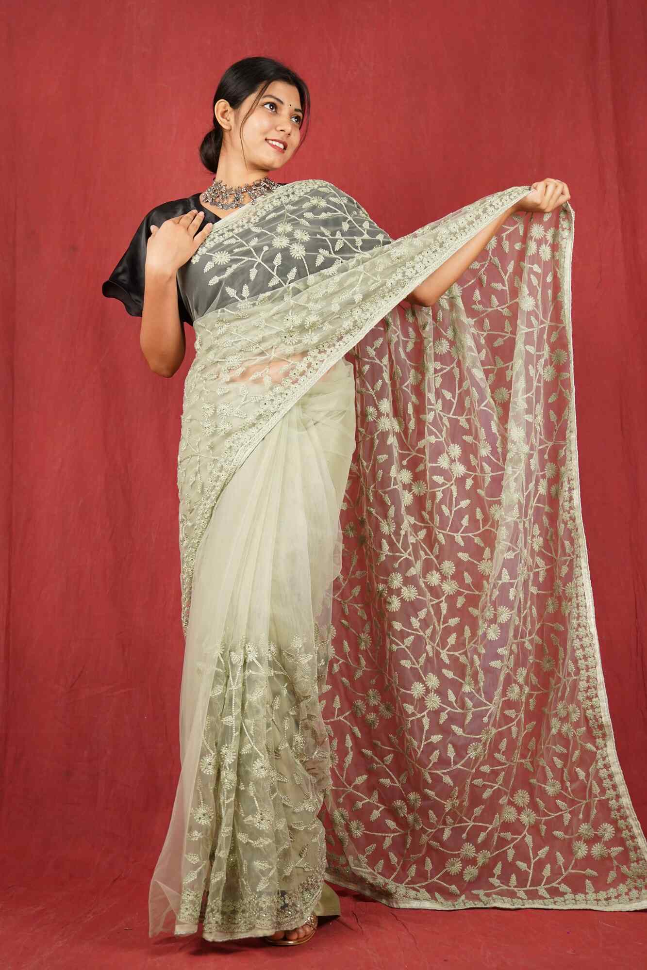 Ready To Wear Green Floral Soft Net Embroidered glamorous Wrap in 1 minute saree - Isadora Life Online Shopping Store