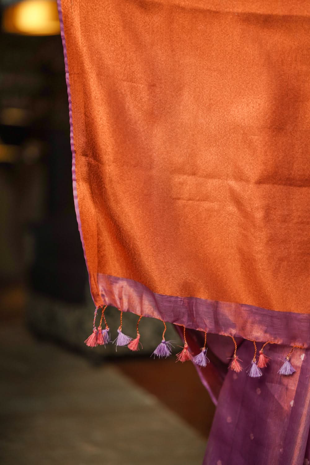Pre Order Amethyst Copper Tissue Stunning Tissue Linen Saree with Chunri Butis and Full Tissue Pallu