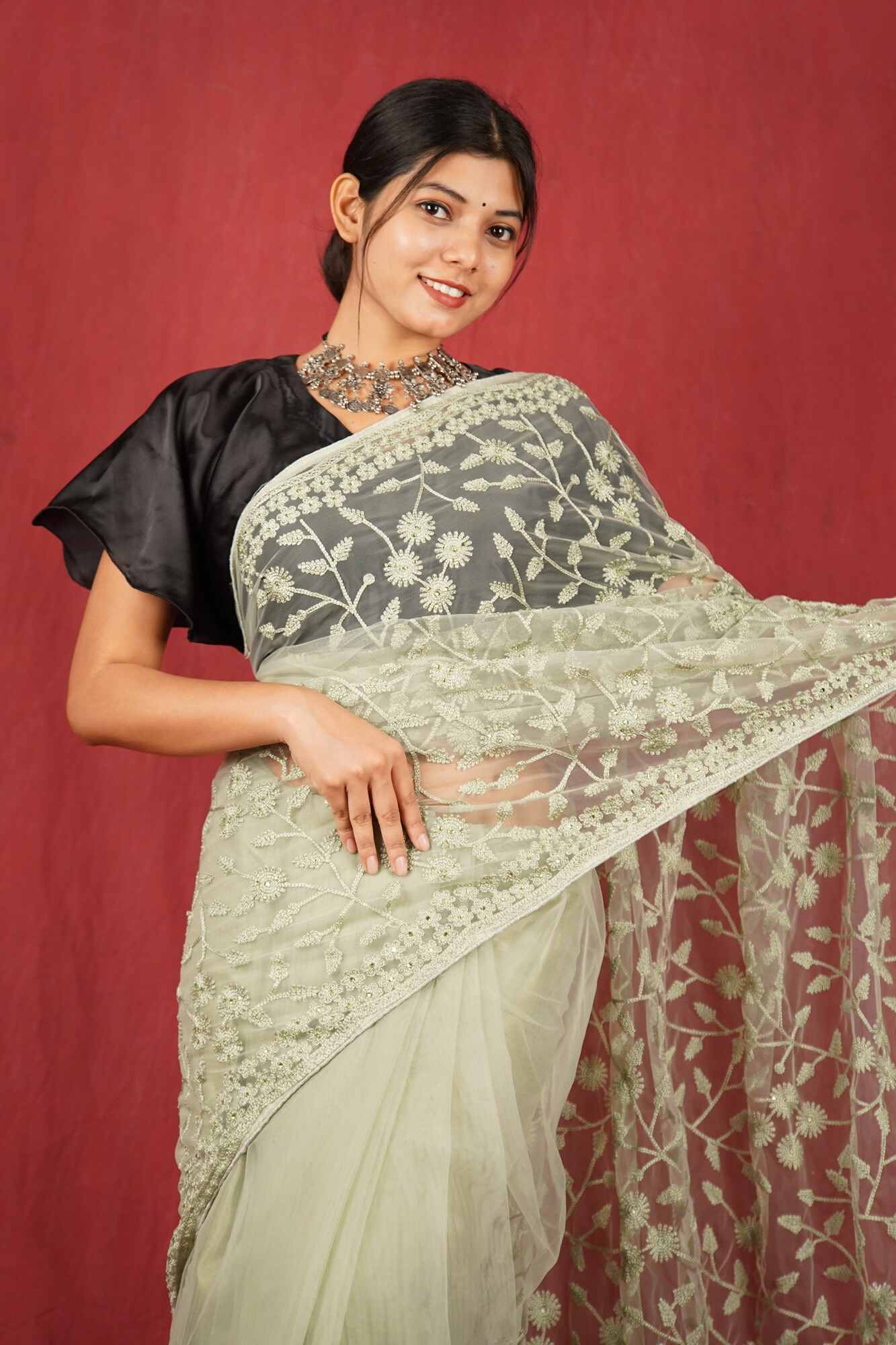 Ready To Wear Green Floral Soft Net Embroidered glamorous Wrap in 1 minute saree - Isadora Life Online Shopping Store