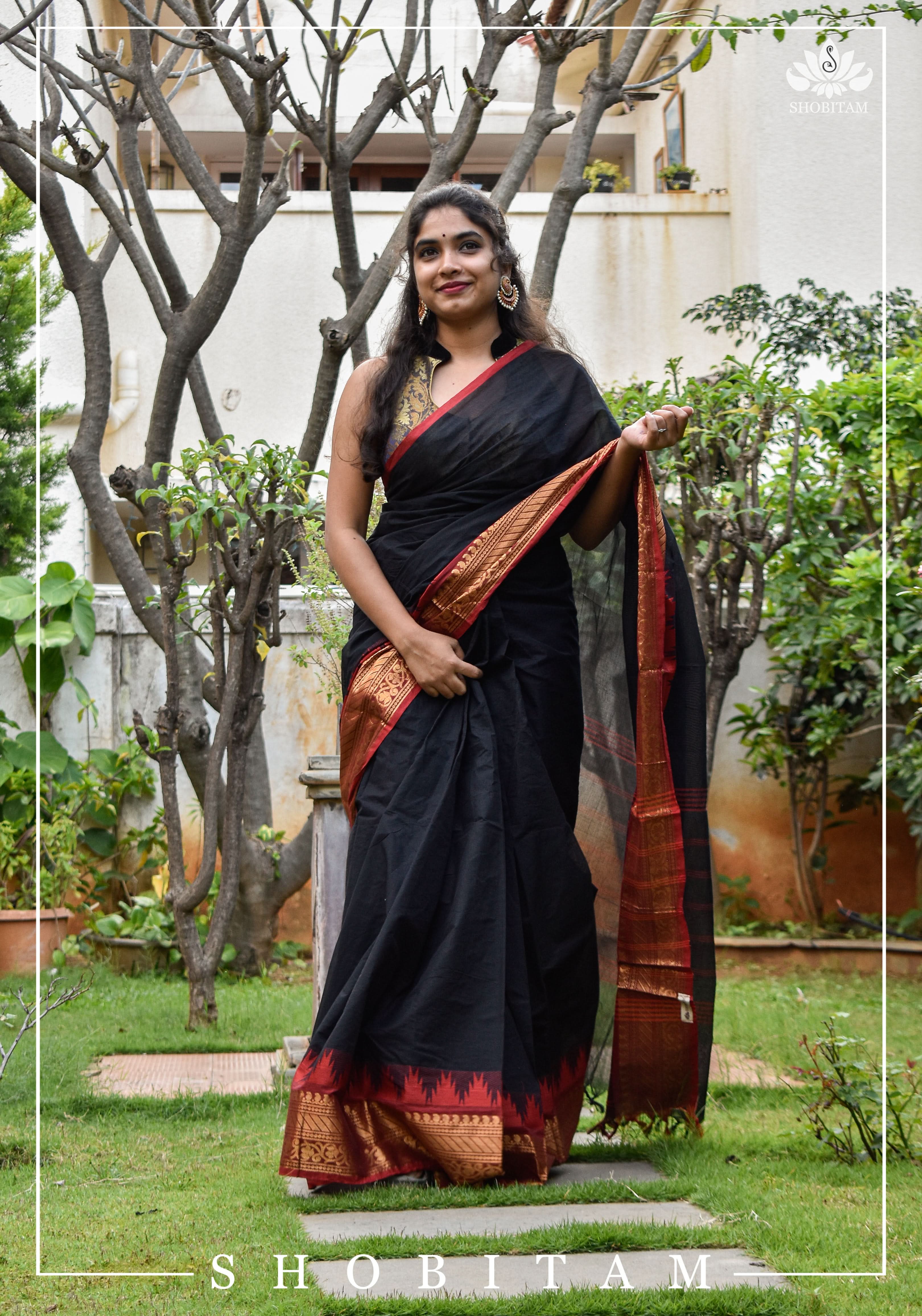 Black Chettinadu Cotton Saree with Temple Zari Borders | Shobitam