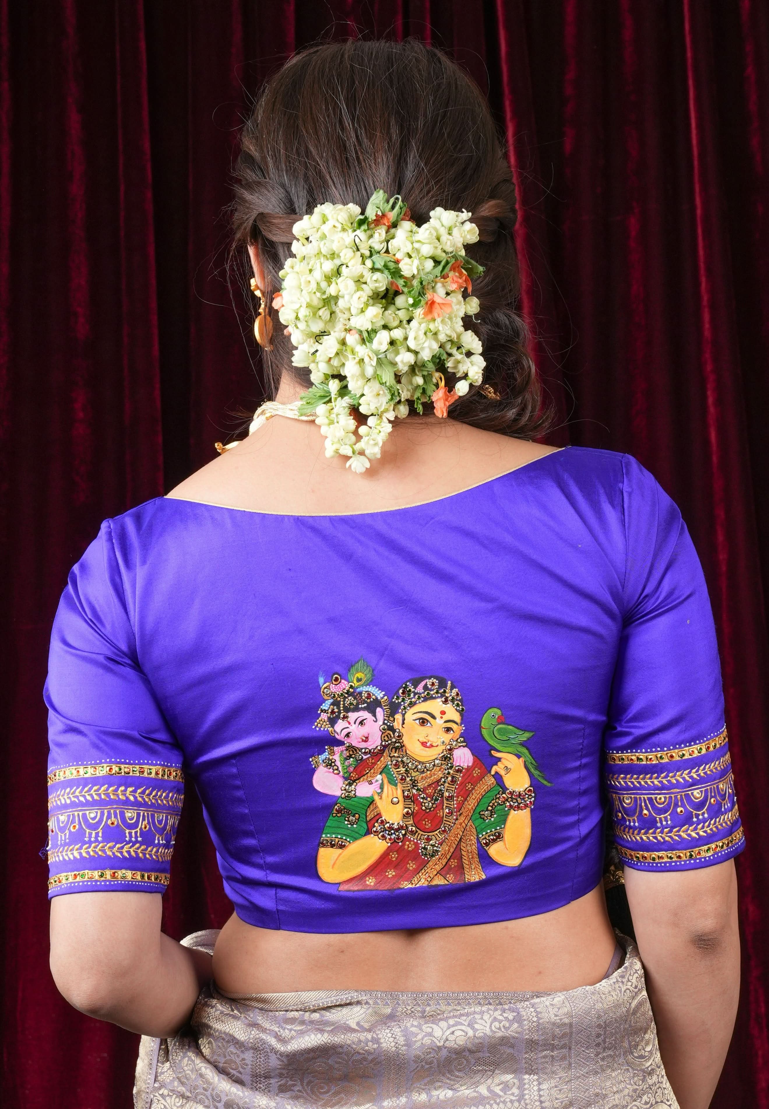 Baby Krishna and Yashodha - Tanjore Handpainting with hand embellished stones and 3d work on Pure silk Purple Blouse, Made to Order | Shobitam