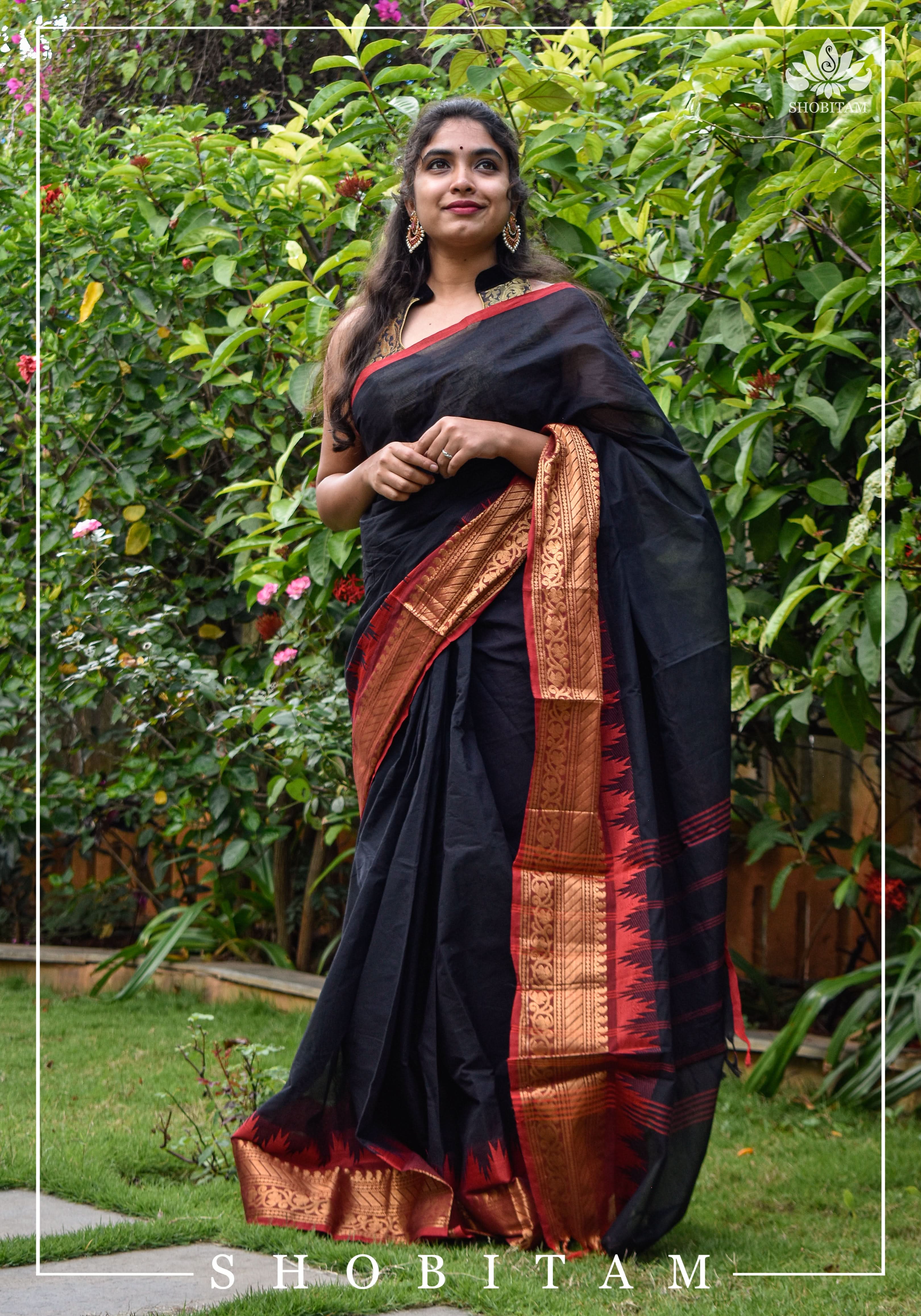 Black Chettinadu Cotton Saree with Temple Zari Borders | Shobitam