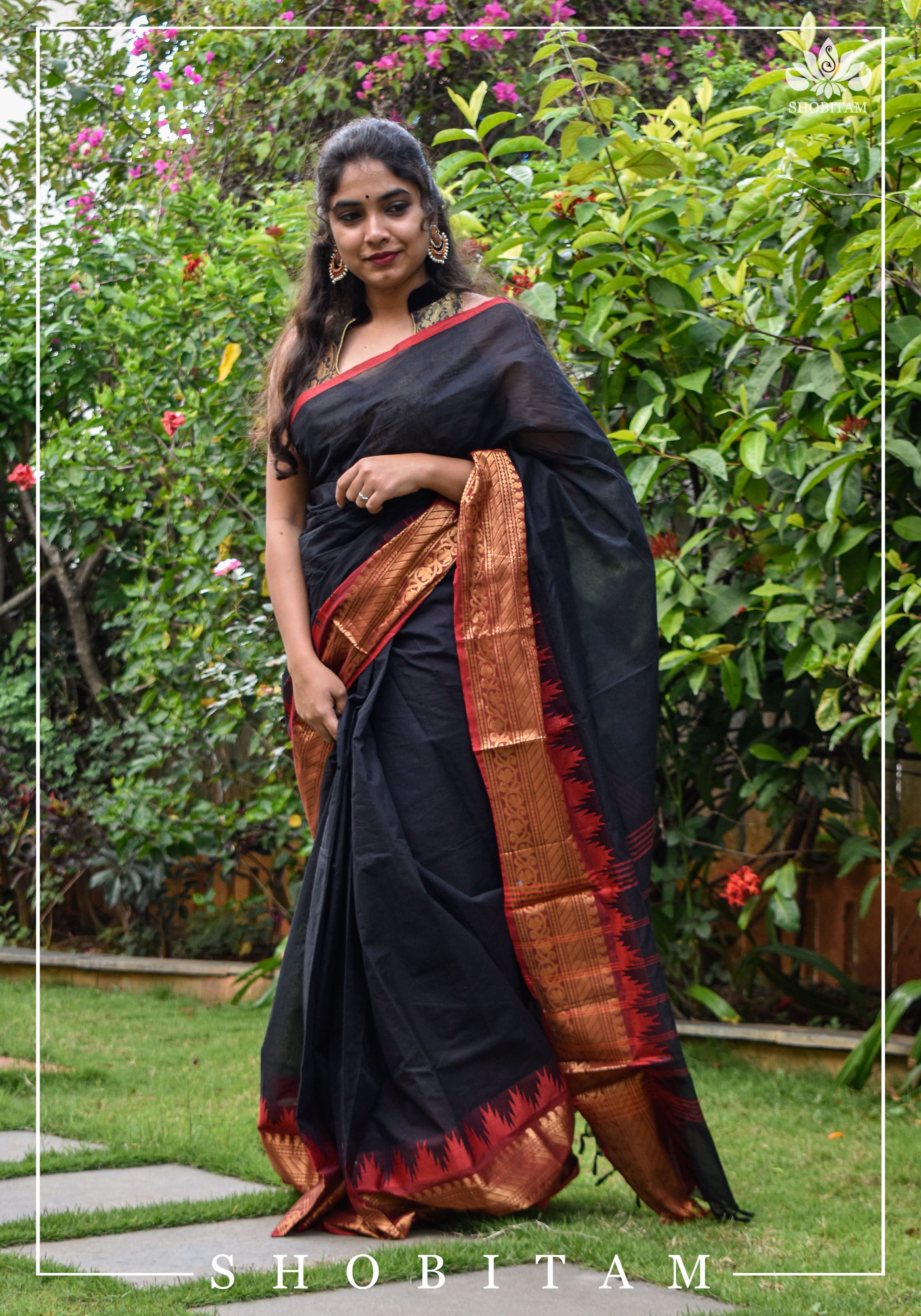 Black Chettinadu Cotton Saree with Temple Zari Borders | Shobitam