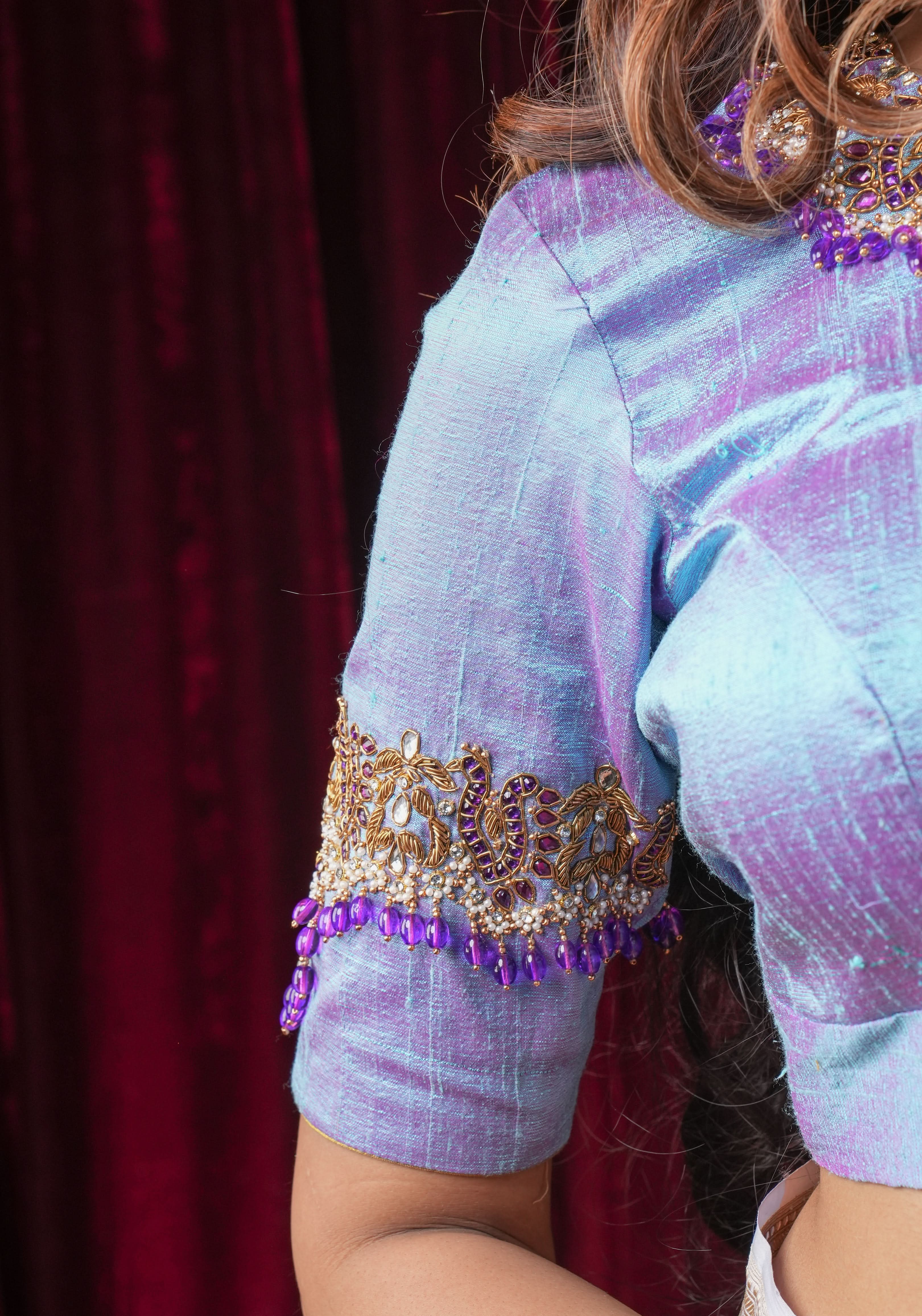 Periwinkle Pure Raw Silk blouse with Necklace and bajubandh hand jadau embroidery, Made to Order | Shobitam