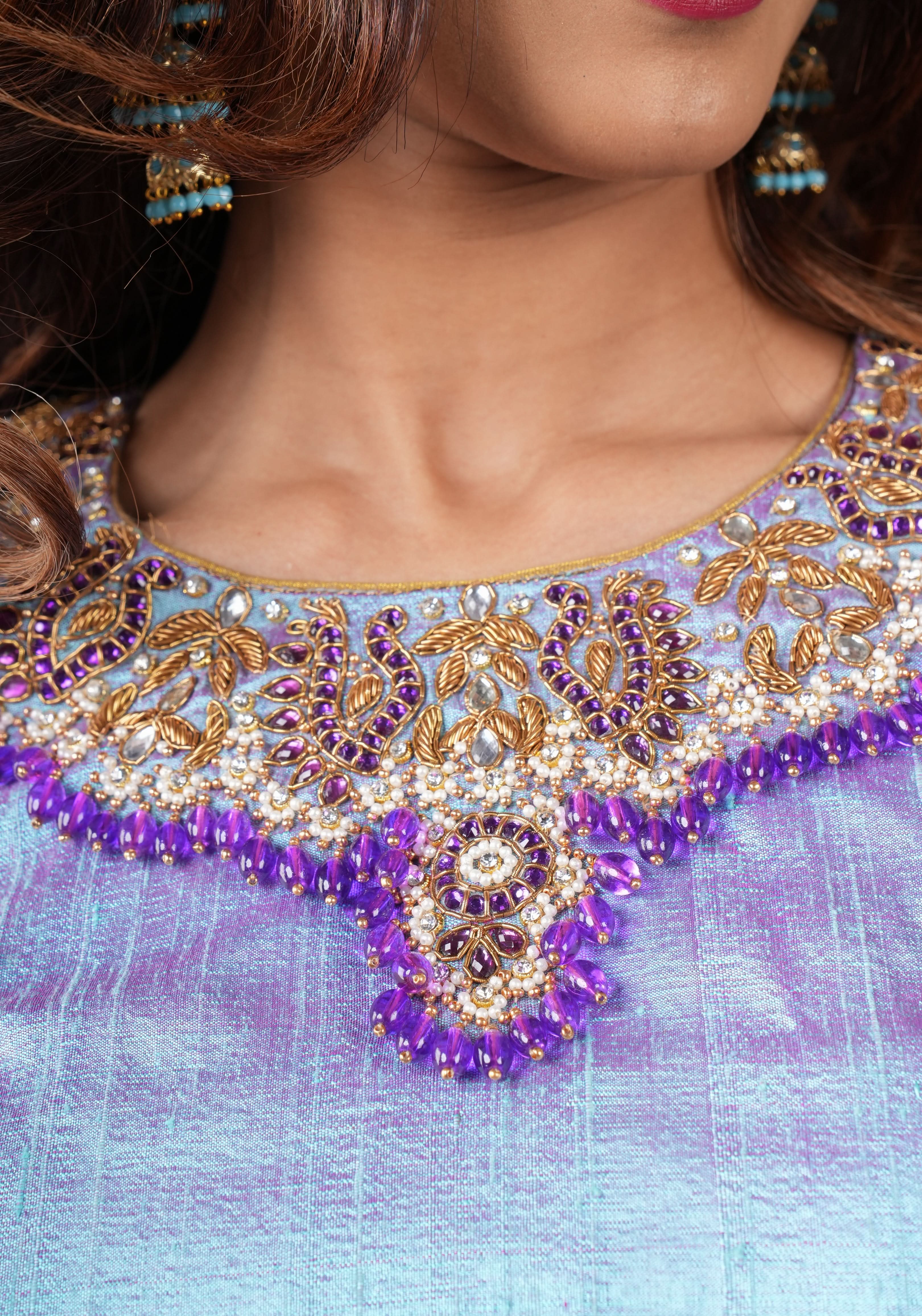 Periwinkle Pure Raw Silk blouse with Necklace and bajubandh hand jadau embroidery, Made to Order | Shobitam