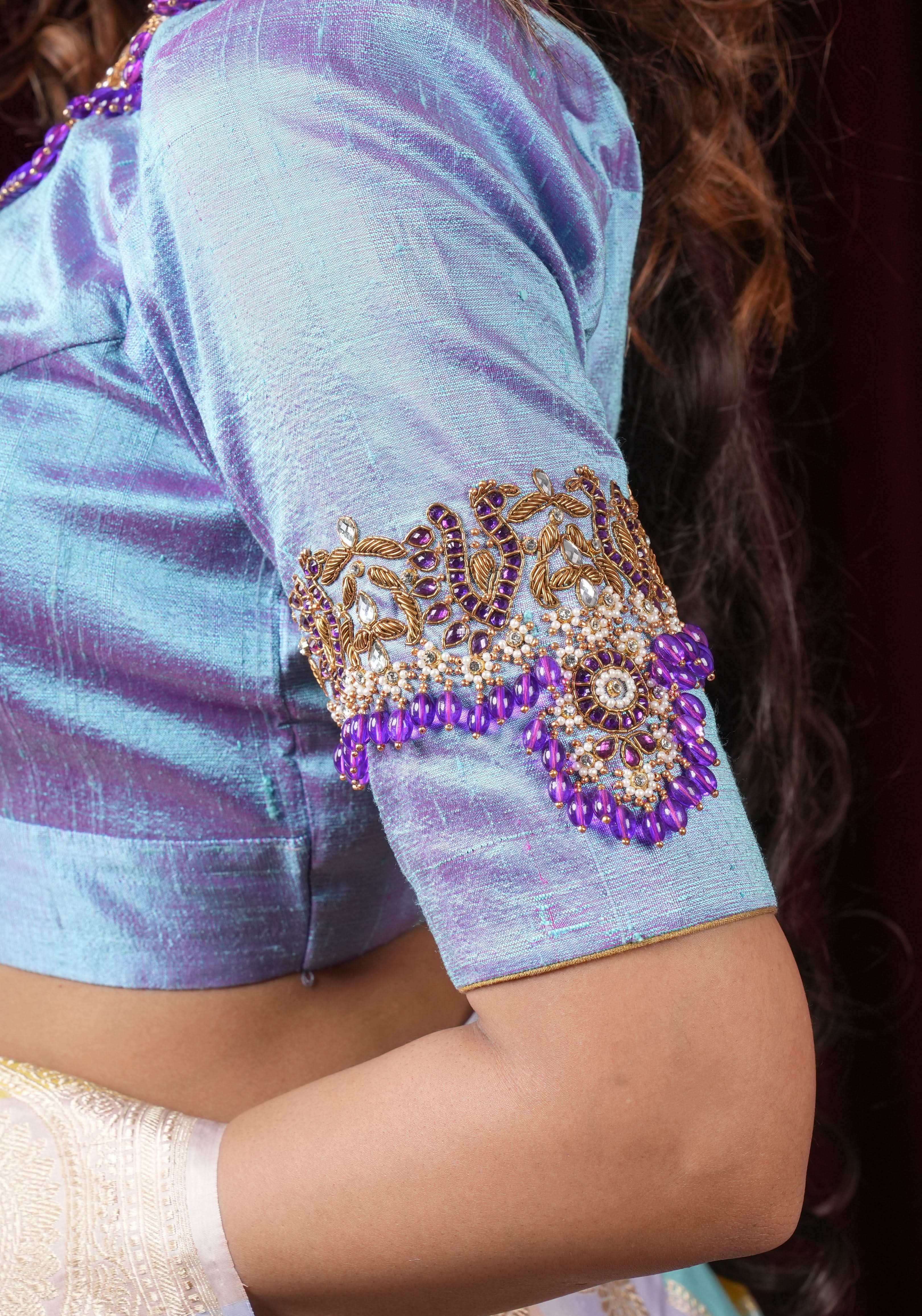 Periwinkle Pure Raw Silk blouse with Necklace and bajubandh hand jadau embroidery, Made to Order | Shobitam