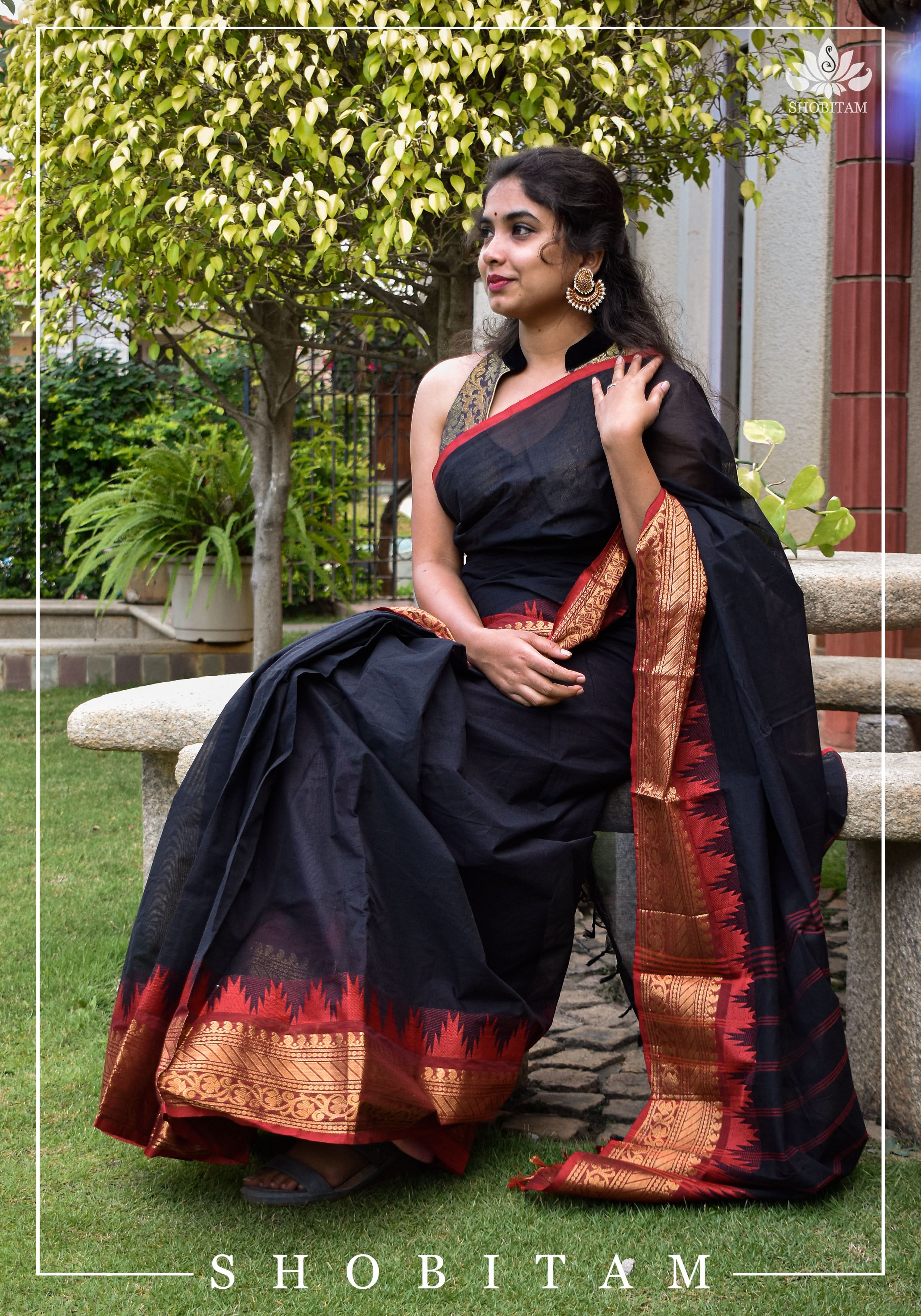 Black Chettinadu Cotton Saree with Temple Zari Borders | Shobitam