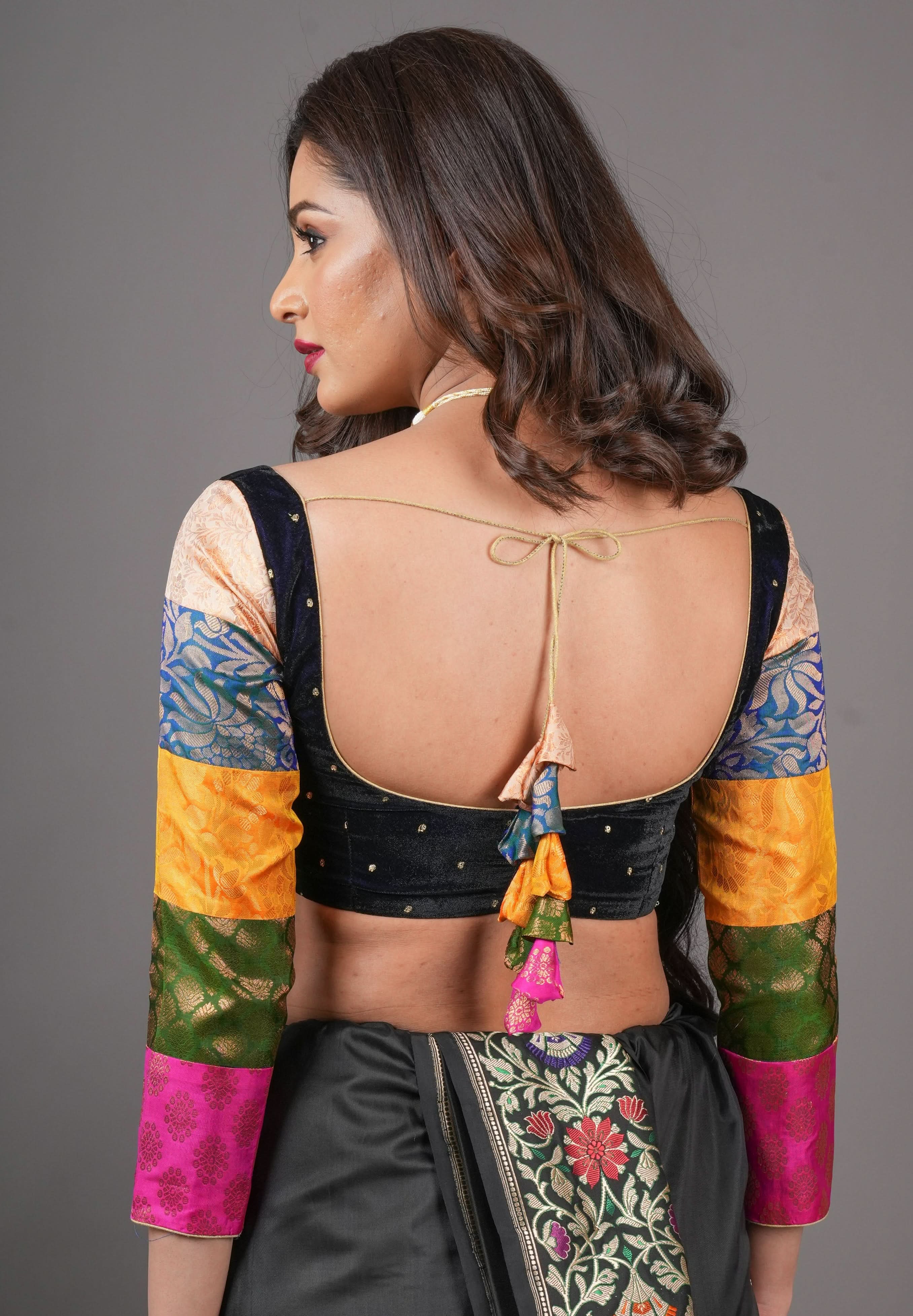 Statement Patchwork Pure Kanjivaram Silk Brocade and Midnight Blue Velvet Blouse , Made to Order | Shobitam