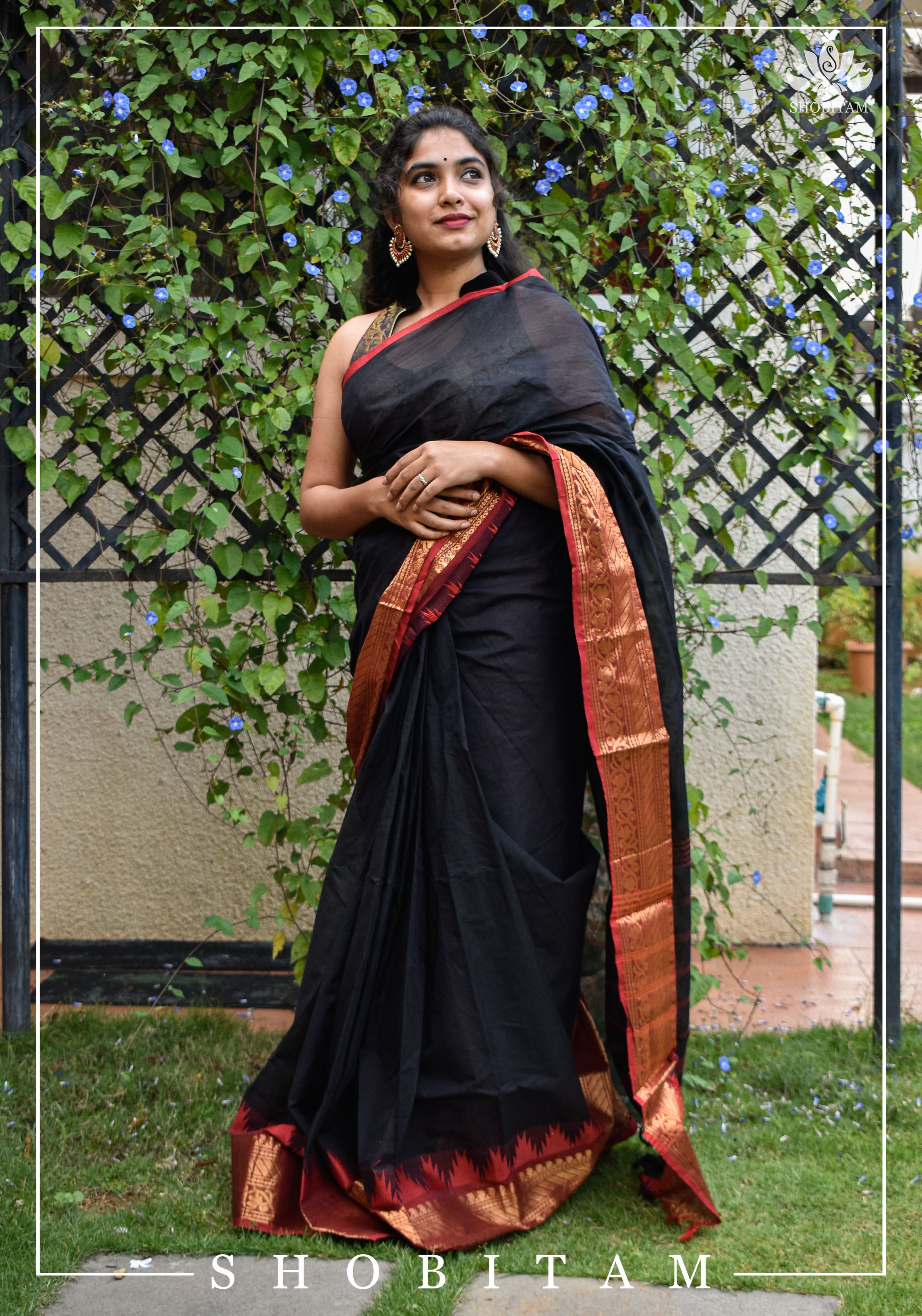 Black Chettinadu Cotton Saree with Temple Zari Borders | Shobitam