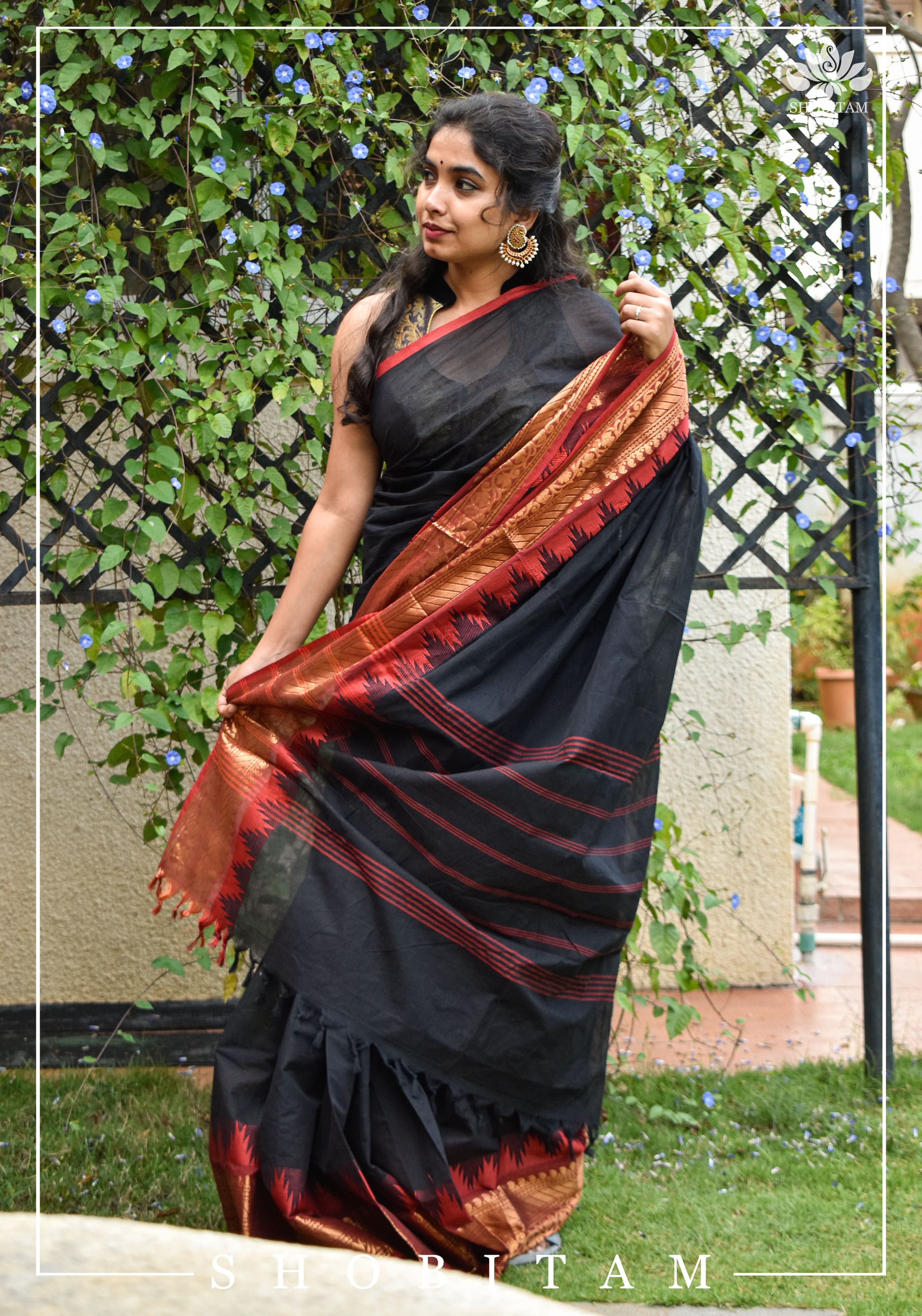 Black Chettinadu Cotton Saree with Temple Zari Borders | Shobitam