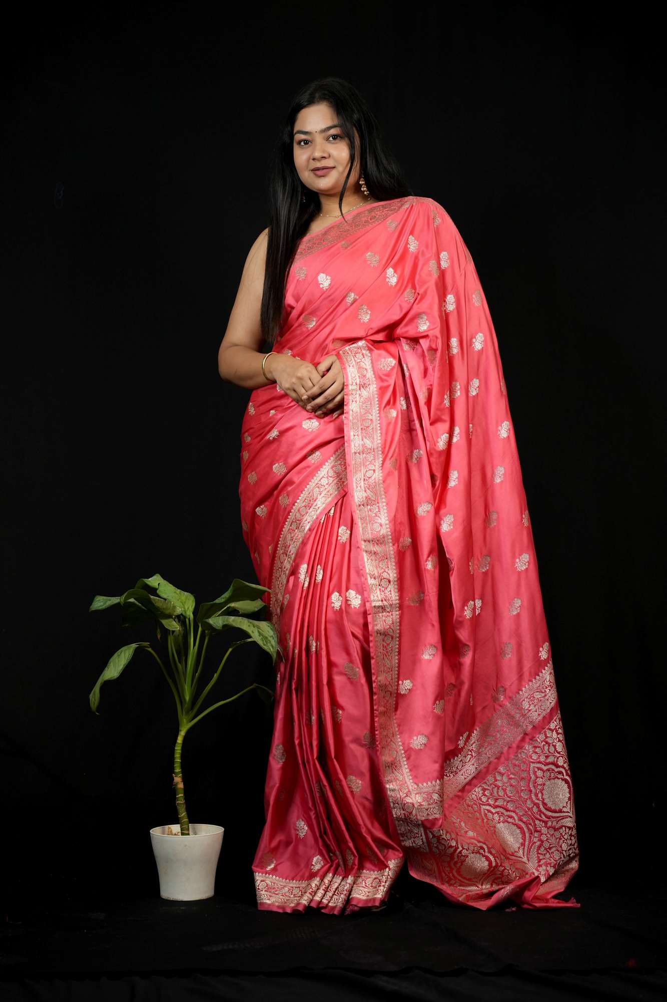 Mashru Silk with Silver Zari Floral Weaving Ready To Wear Saree