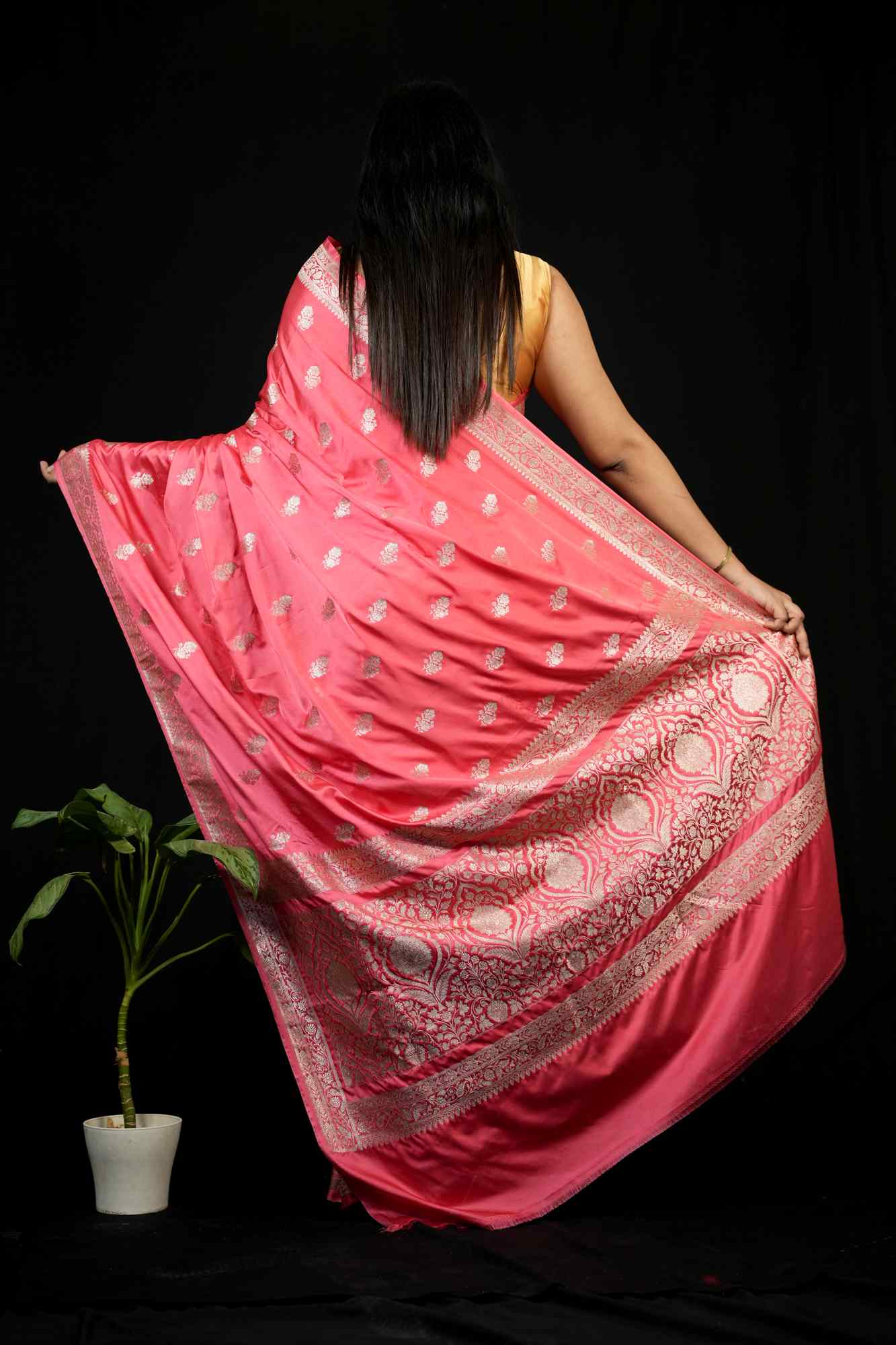 Mashru Silk with Silver Zari Floral Weaving Ready To Wear Saree