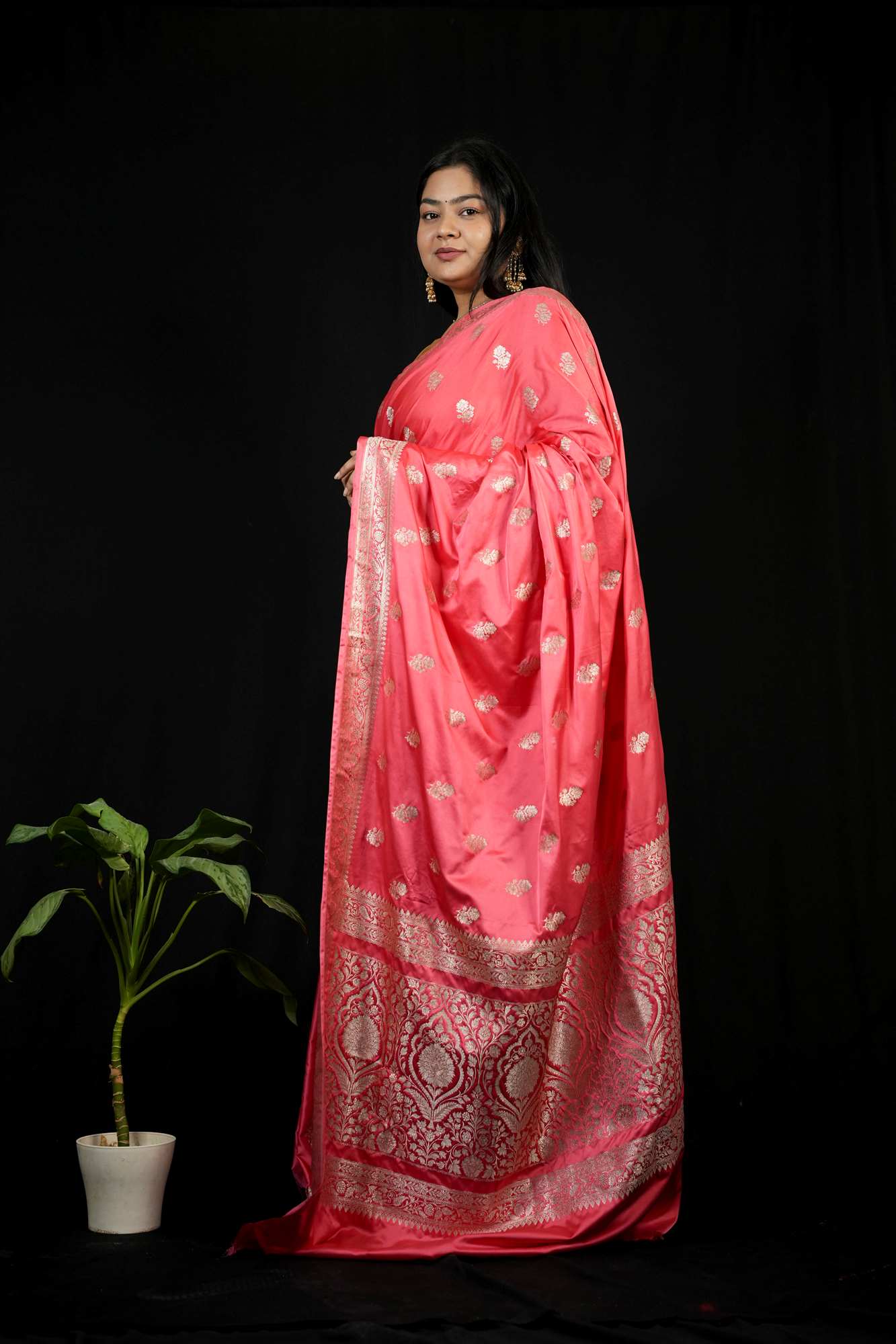 Mashru Silk with Silver Zari Floral Weaving Ready To Wear Saree