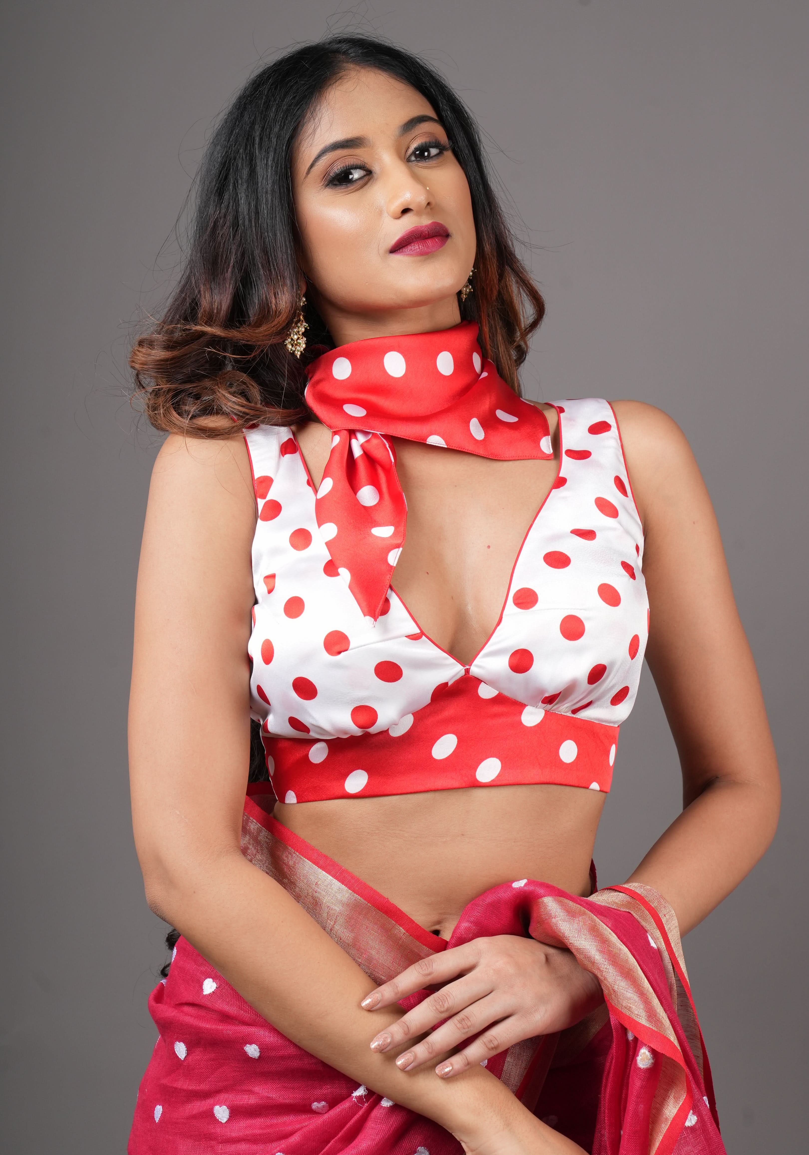 Retro red and White Polka Dot Satin Blouse with Contrasting Red scarf , Made to Order | Shobitam