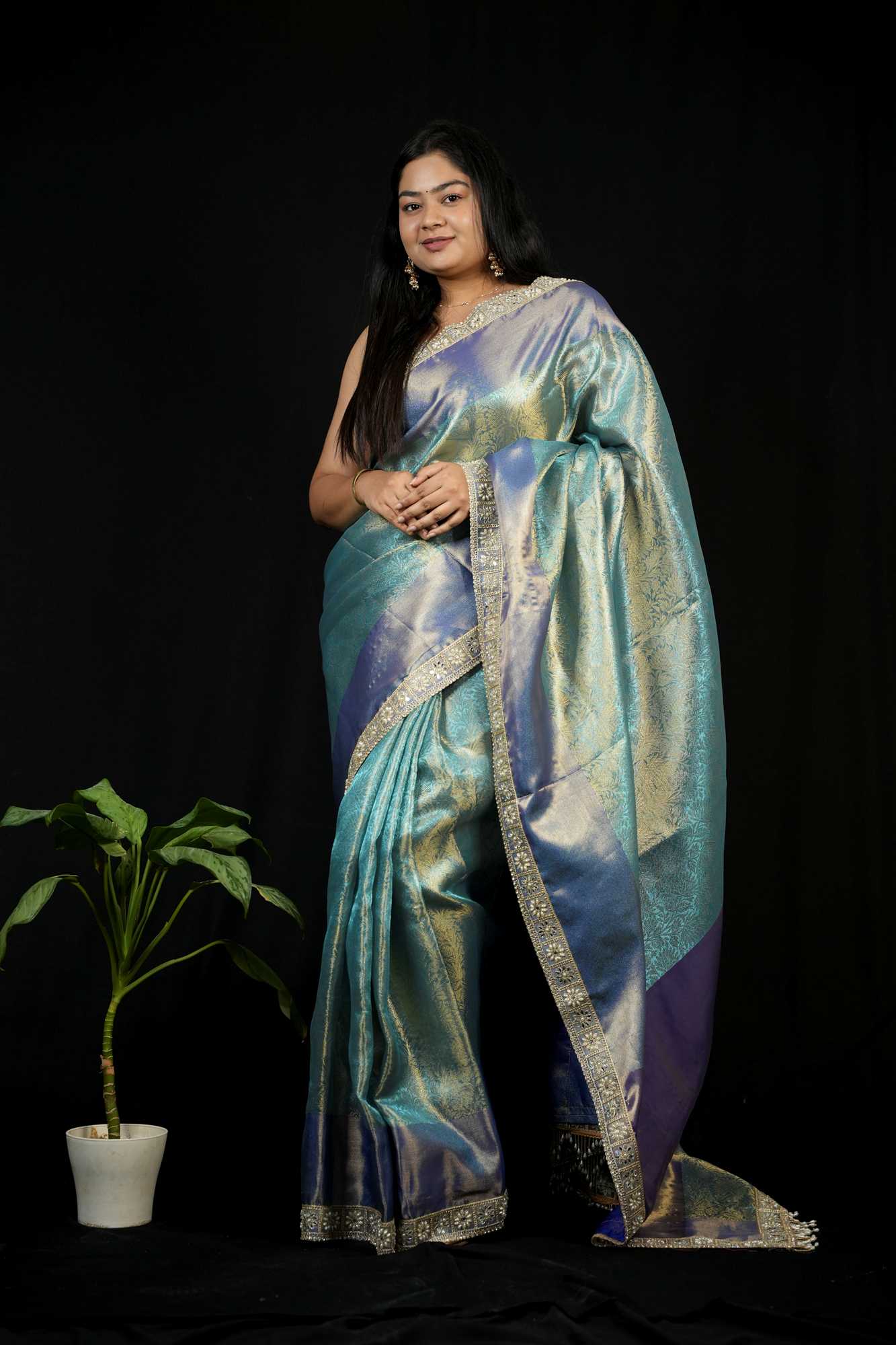 Tissue Silk with Floral Zari Rice pearls With Mirror and sequin Border Ready To Wear Saree