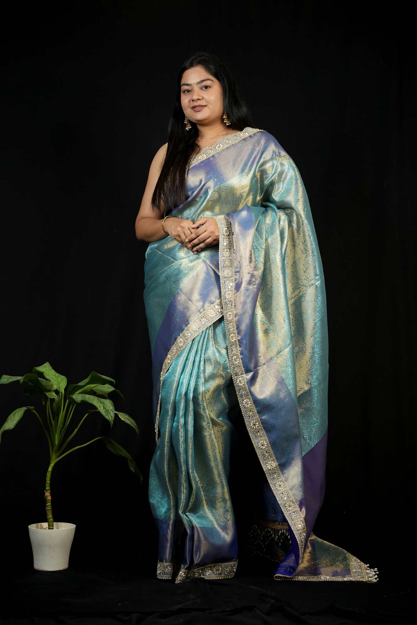 Tissue Silk with Floral Zari Rice pearls With Mirror and sequin Border Ready To Wear Saree