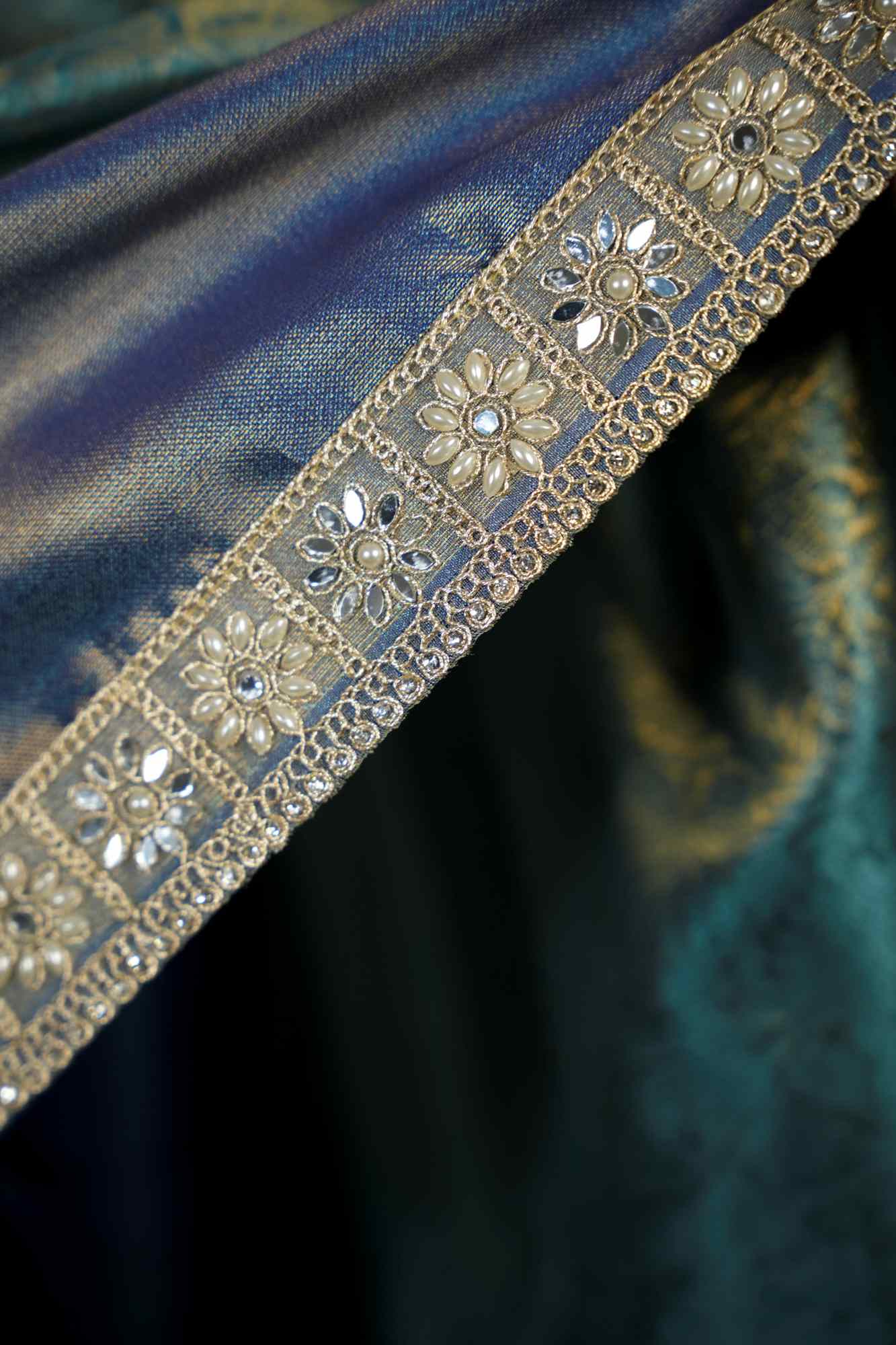 Tissue Silk with Floral Zari Rice pearls With Mirror and sequin Border Ready To Wear Saree