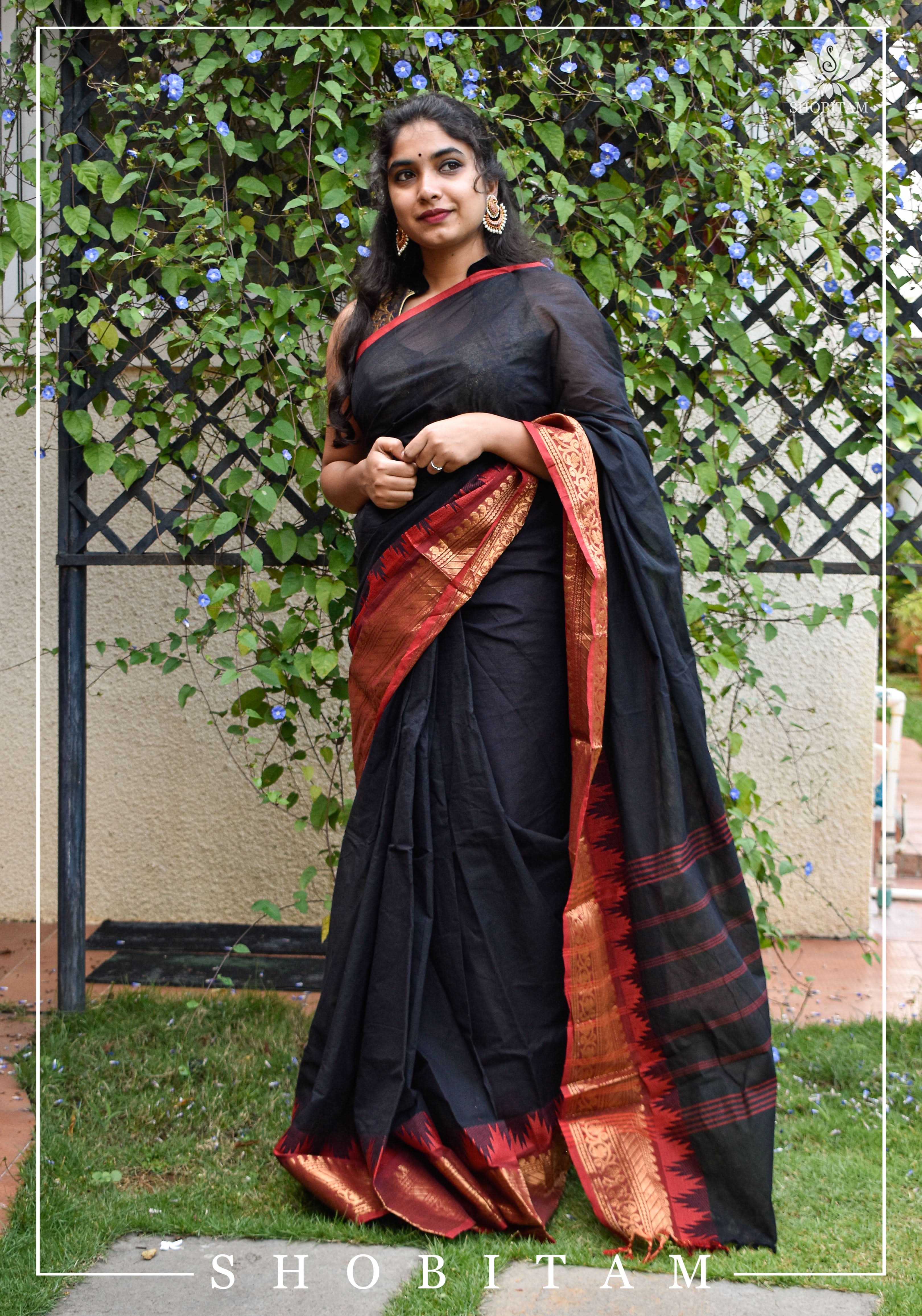 Black Chettinadu Cotton Saree with Temple Zari Borders | Shobitam