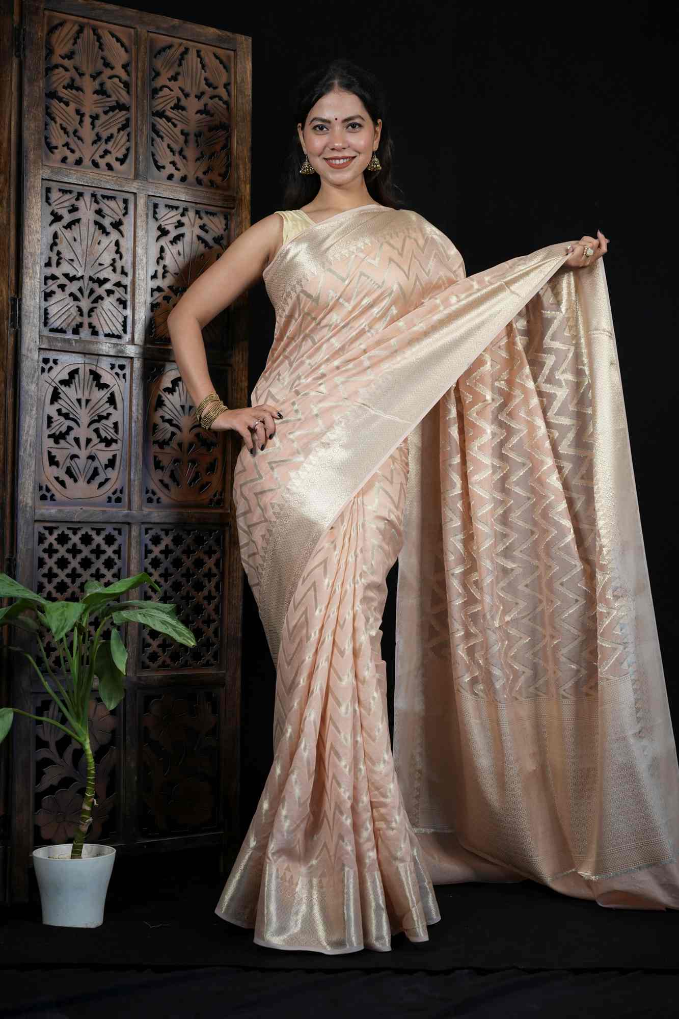 Kora Silk with Intricate Zari Chevron Weave & Traditional Border Ready To Wear Saree