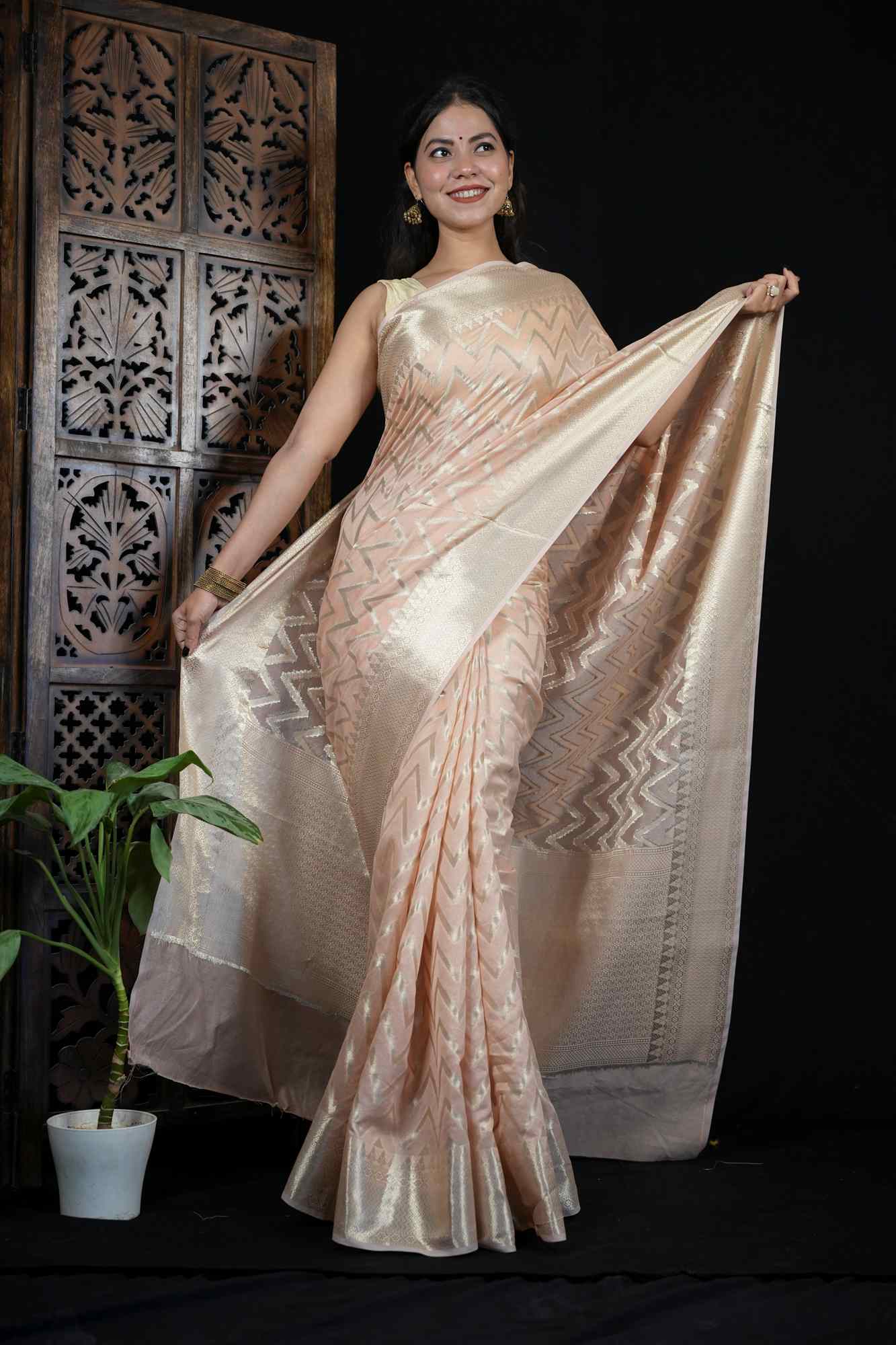 Kora Silk with Intricate Zari Chevron Weave & Traditional Border Ready To Wear Saree