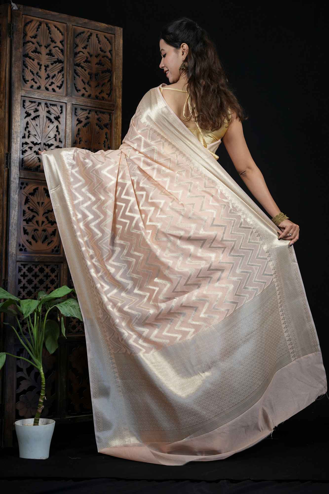 Kora Silk with Intricate Zari Chevron Weave & Traditional Border Ready To Wear Saree