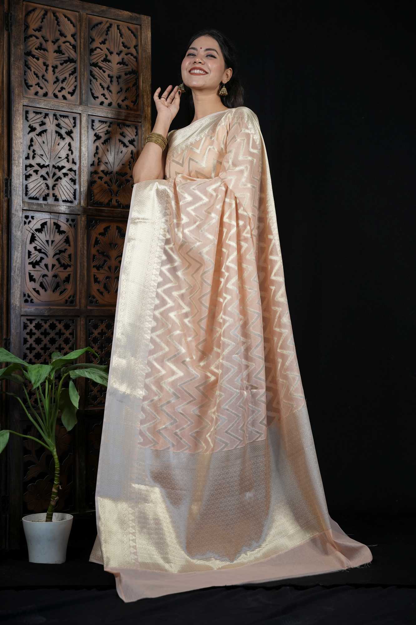 Kora Silk with Intricate Zari Chevron Weave & Traditional Border Ready To Wear Saree