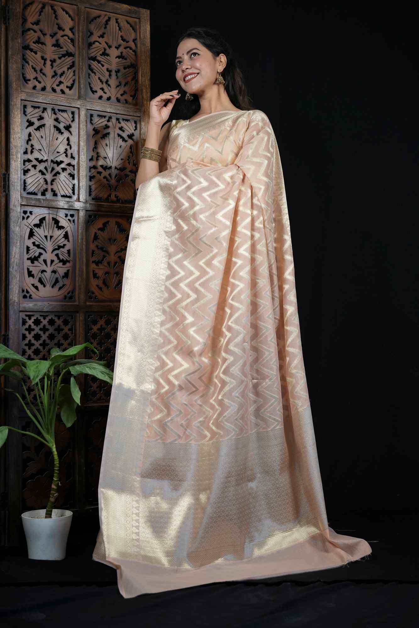 Kora Silk with Intricate Zari Chevron Weave & Traditional Border Ready To Wear Saree