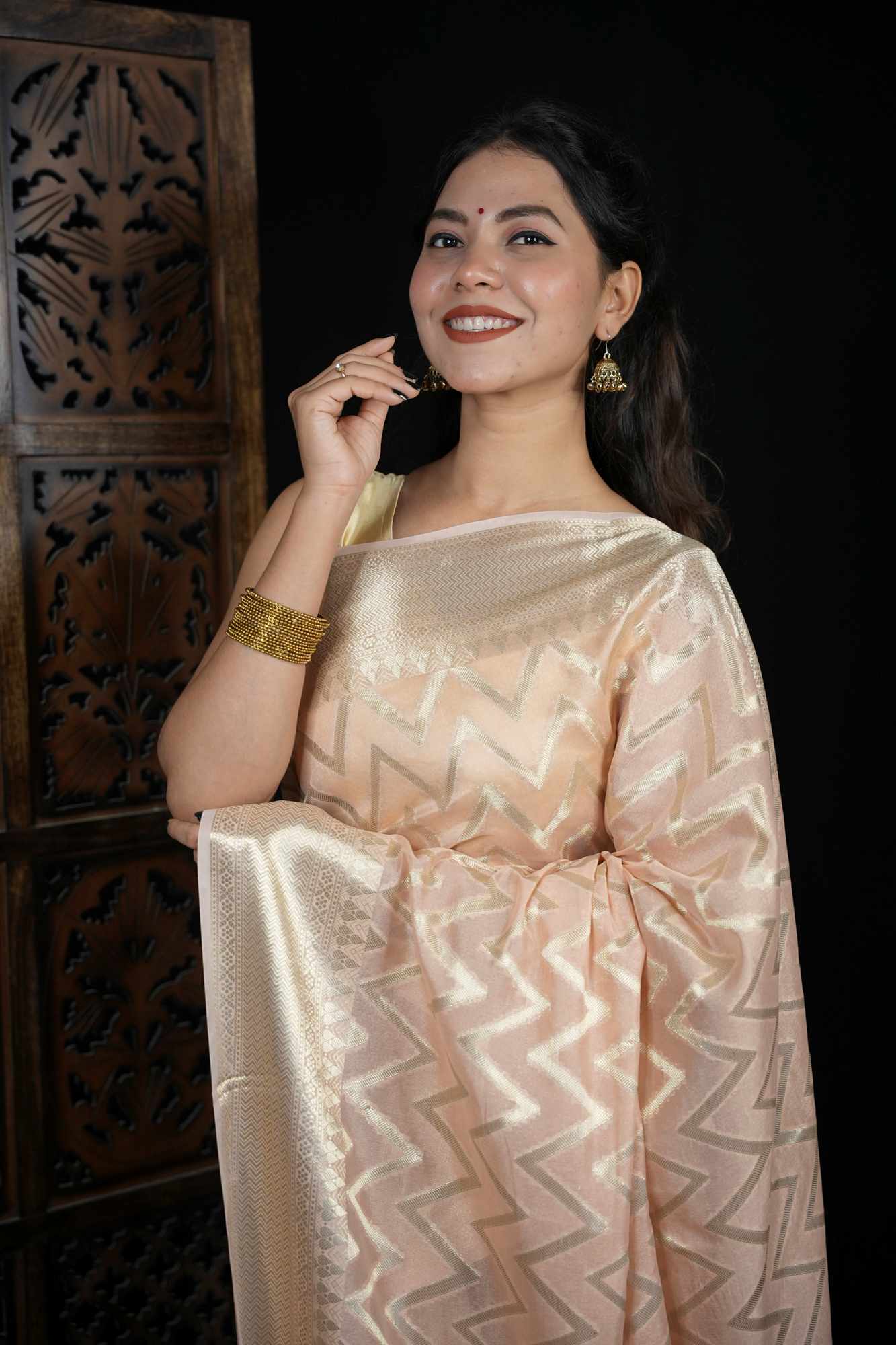 Kora Silk with Intricate Zari Chevron Weave & Traditional Border Ready To Wear Saree