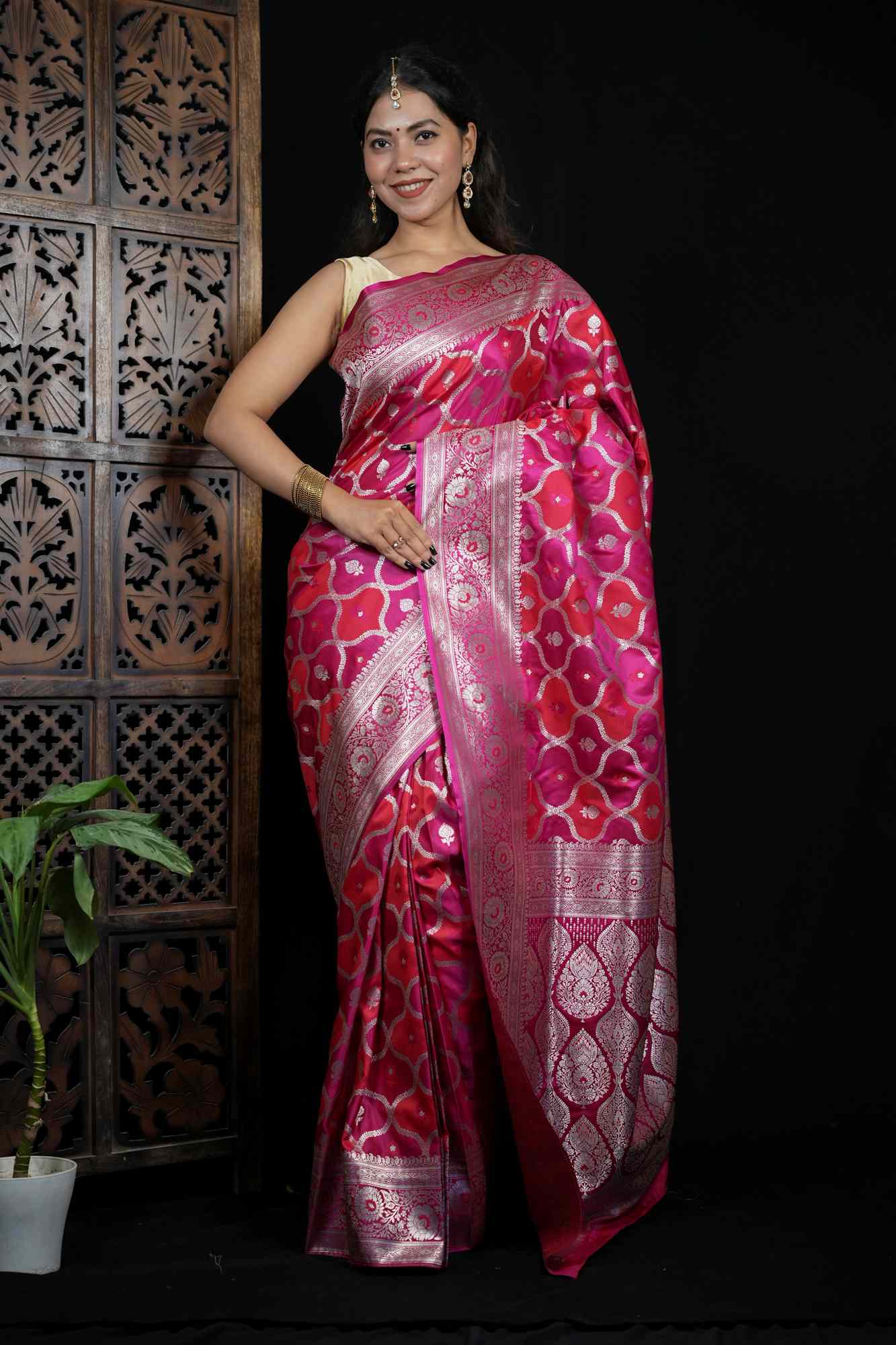 Mashru Silk with Intricate Zari Weaving and Floral Jaal Design Ready To Wear Saree