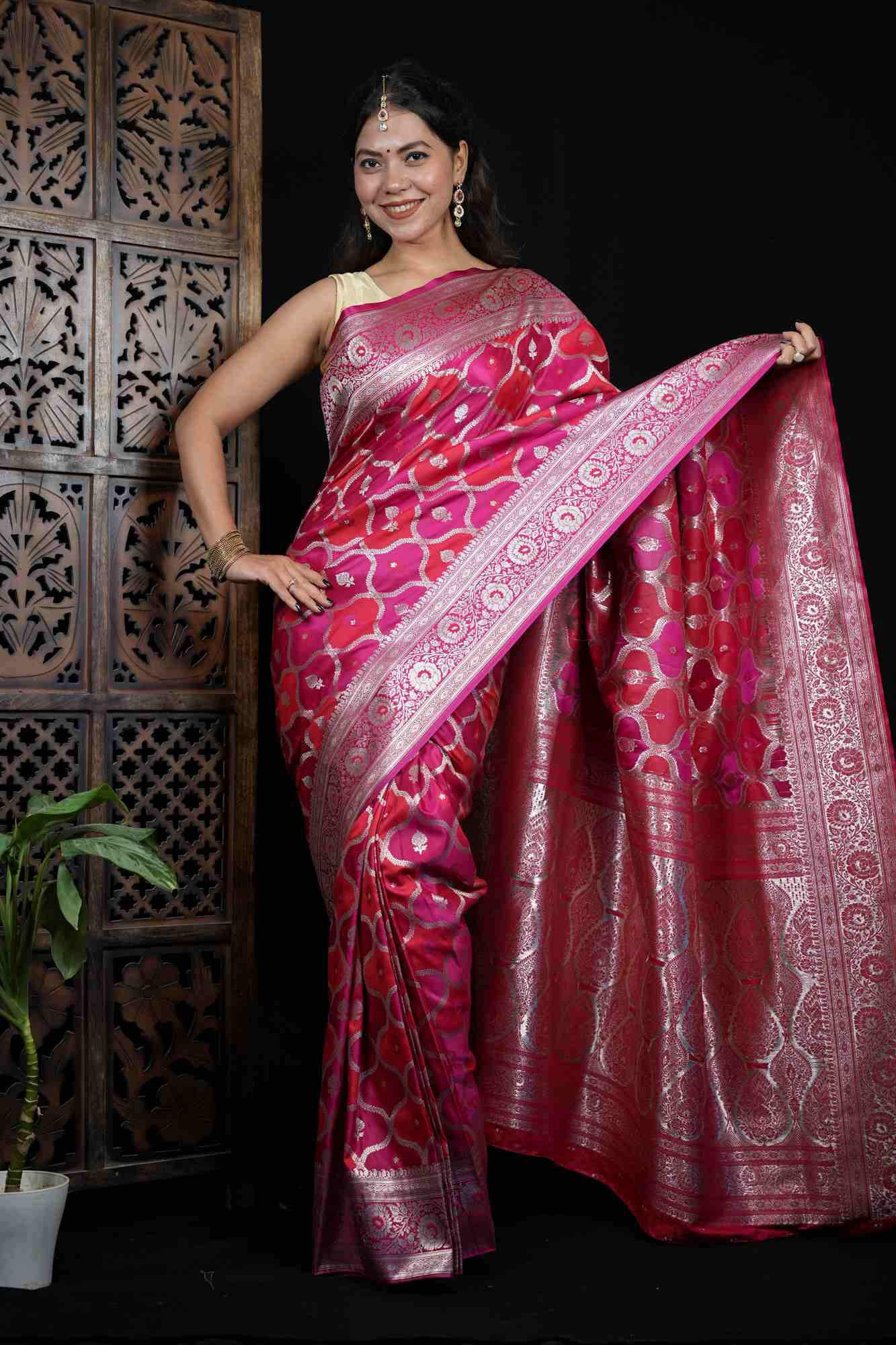 Mashru Silk with Intricate Zari Weaving and Floral Jaal Design Ready To Wear Saree