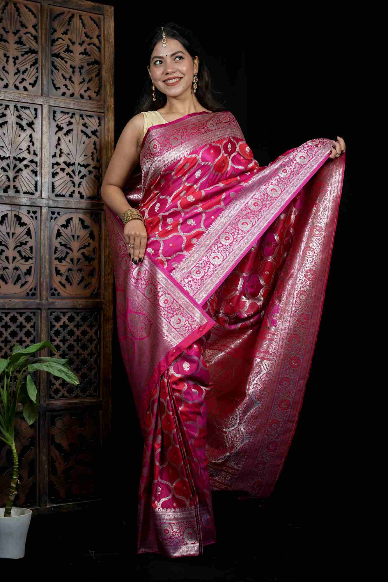 Mashru Silk with Intricate Zari Weaving and Floral Jaal Design Ready To Wear Saree