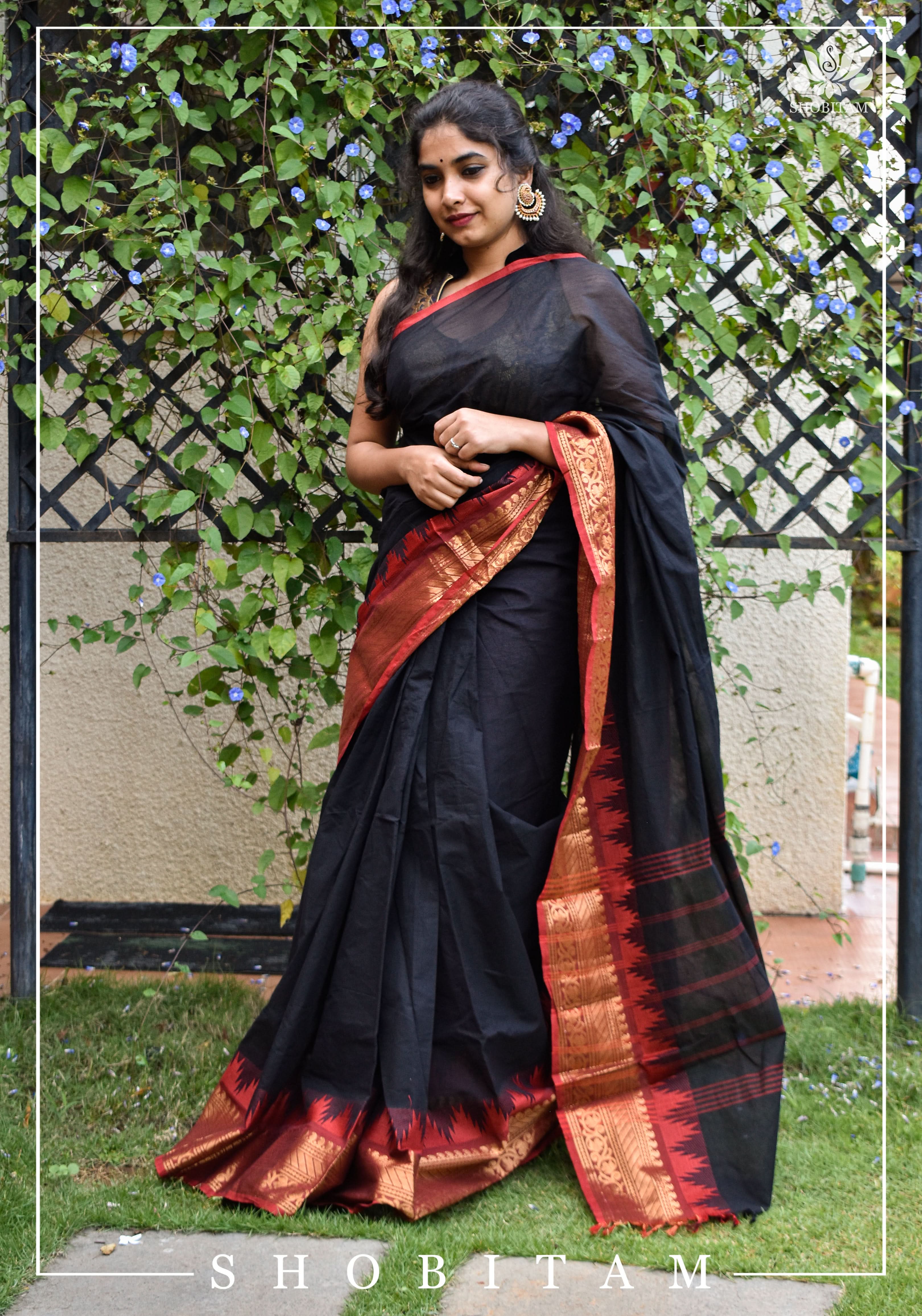 Black Chettinadu Cotton Saree with Temple Zari Borders | Shobitam