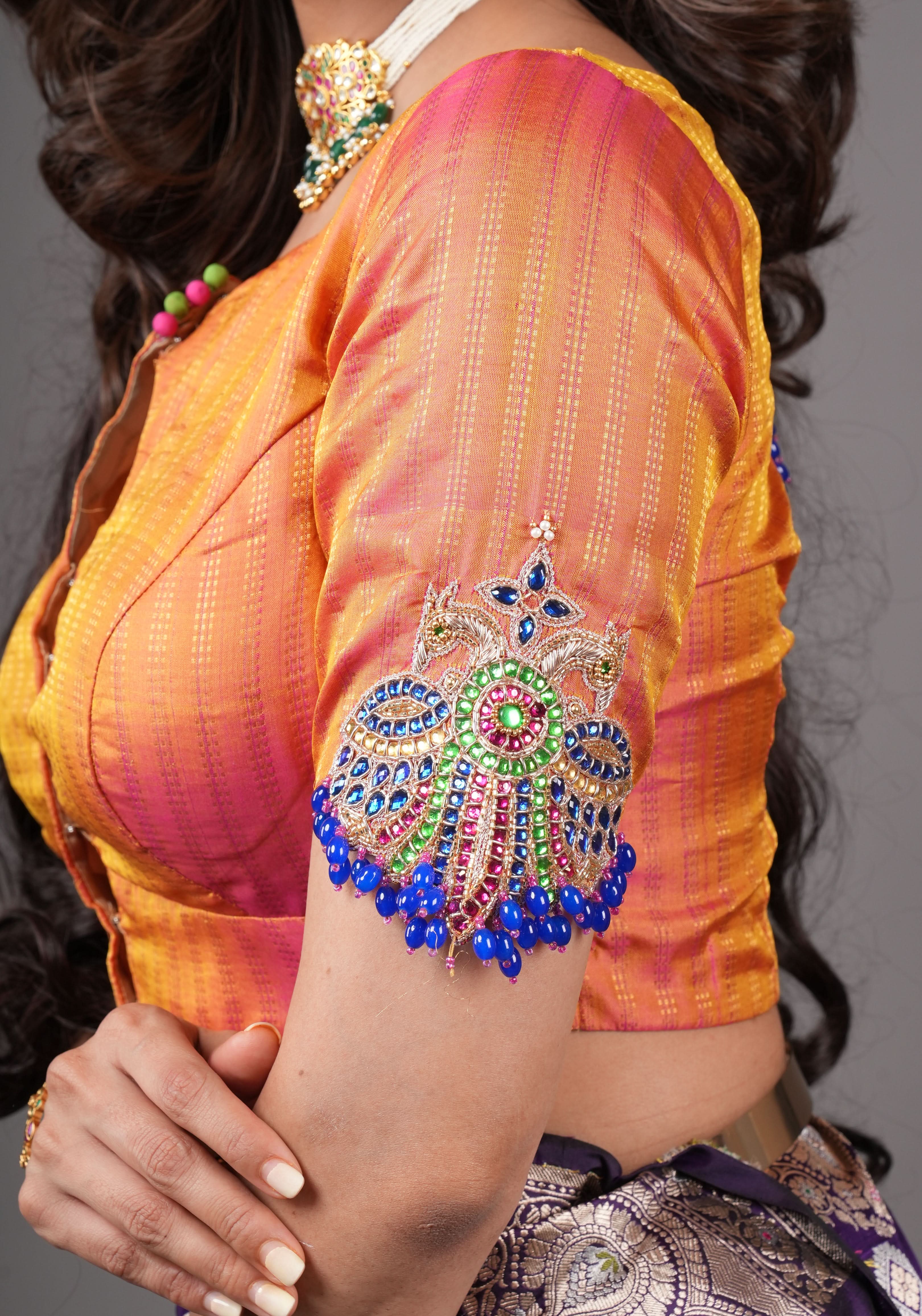 Kesari Mustard Pure Kanjivaram silk blouse with Berunda Hand Kundanwork , Made to Order | Shobitam