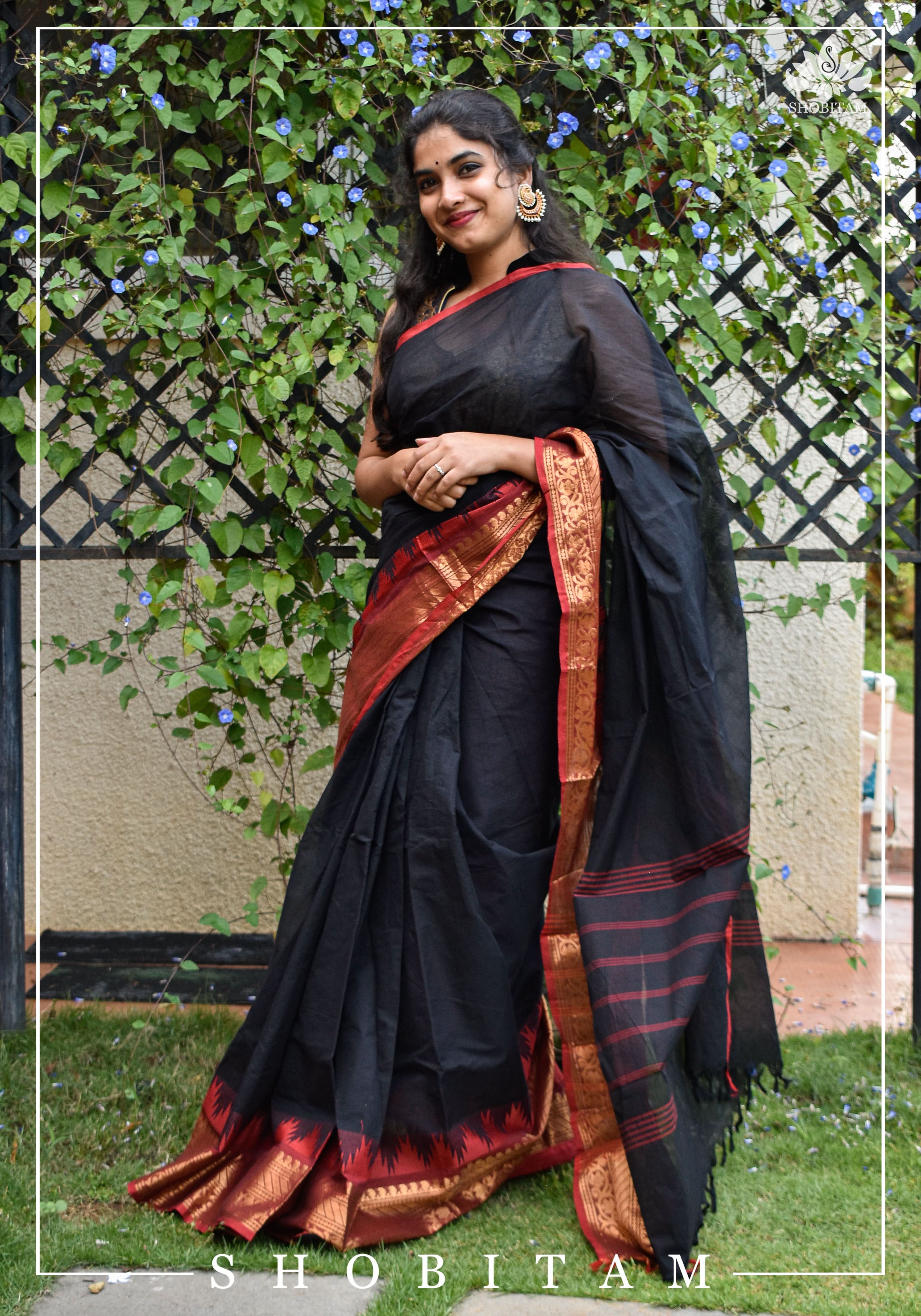Black Chettinadu Cotton Saree with Temple Zari Borders | Shobitam