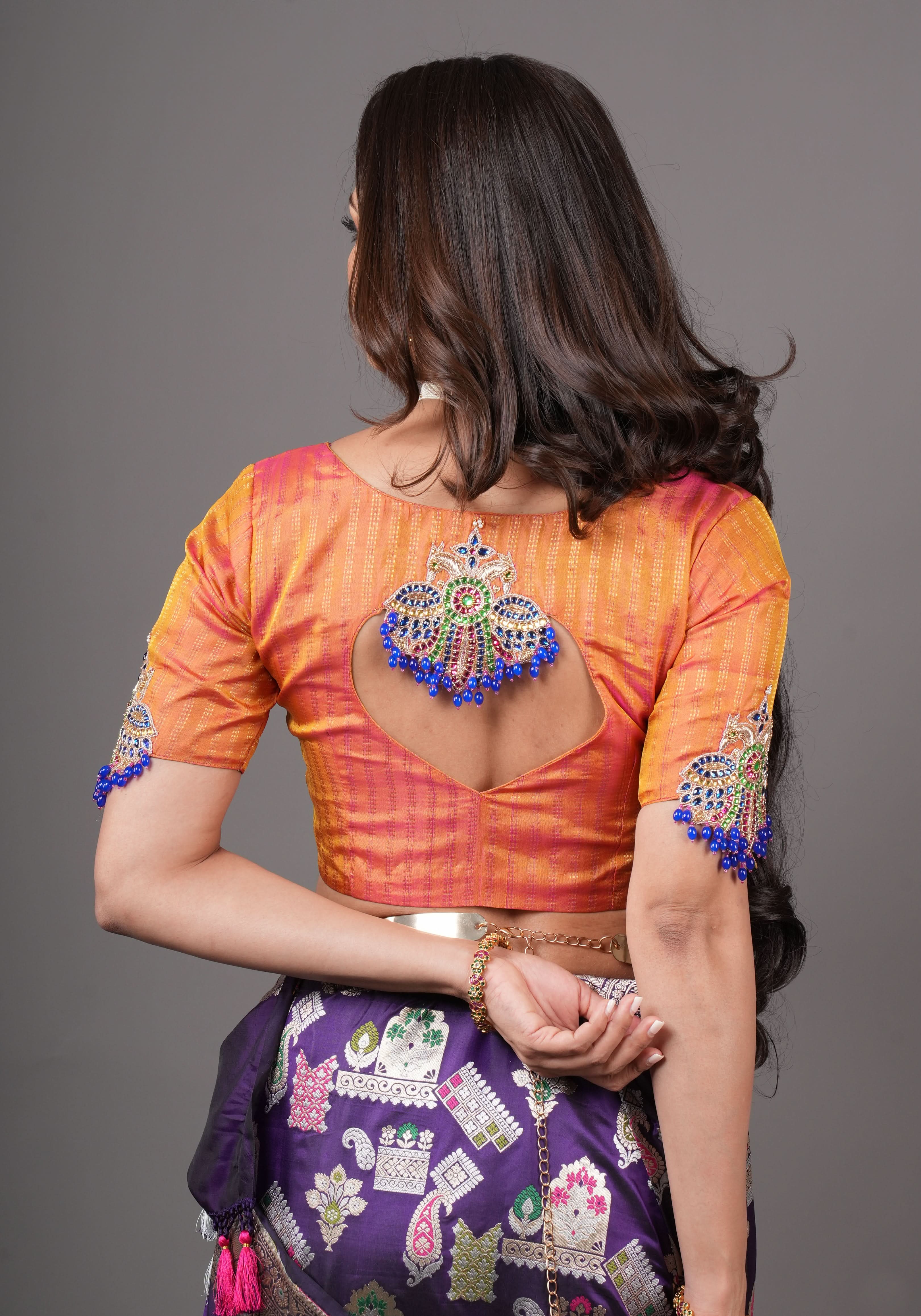 Kesari Mustard Pure Kanjivaram silk blouse with Berunda Hand Kundanwork , Made to Order | Shobitam