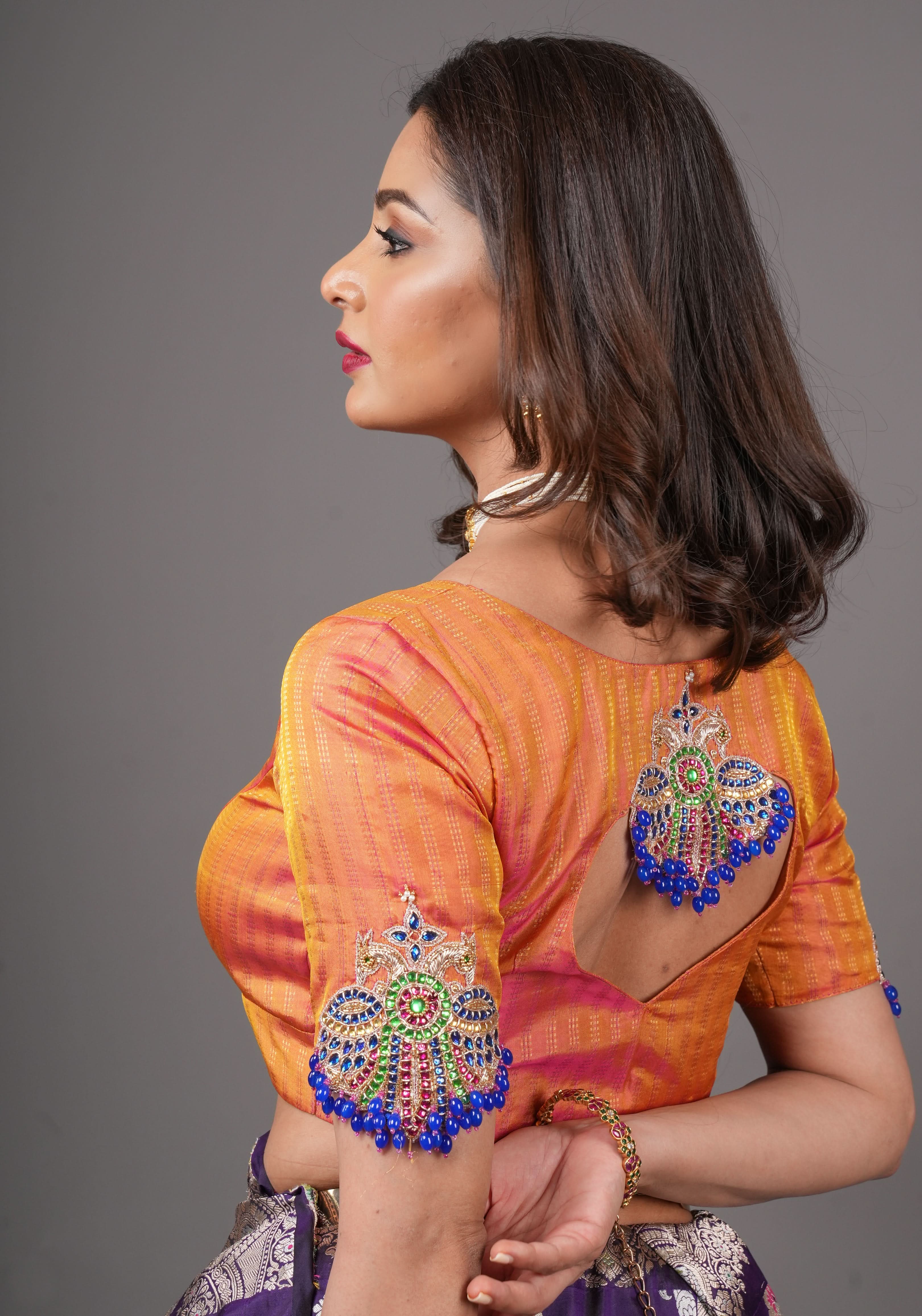 Kesari Mustard Pure Kanjivaram silk blouse with Berunda Hand Kundanwork , Made to Order | Shobitam