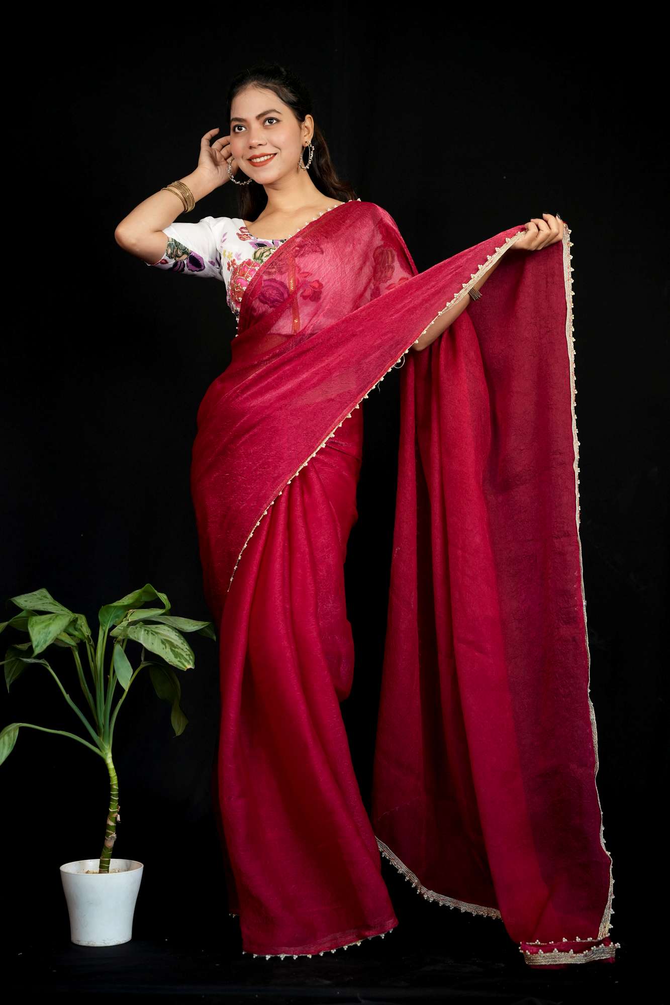 Beautiful Red Silk Crush Saree with Lace Trimmed Border & Full Stitched Kalamkari Print Handwork Blouse Wrap in 1 Minute Saree