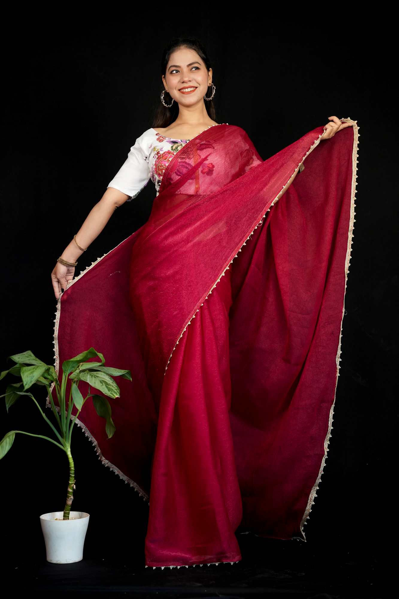 Beautiful Red Silk Crush Saree with Lace Trimmed Border & Full Stitched Kalamkari Print Handwork Blouse Wrap in 1 Minute Saree
