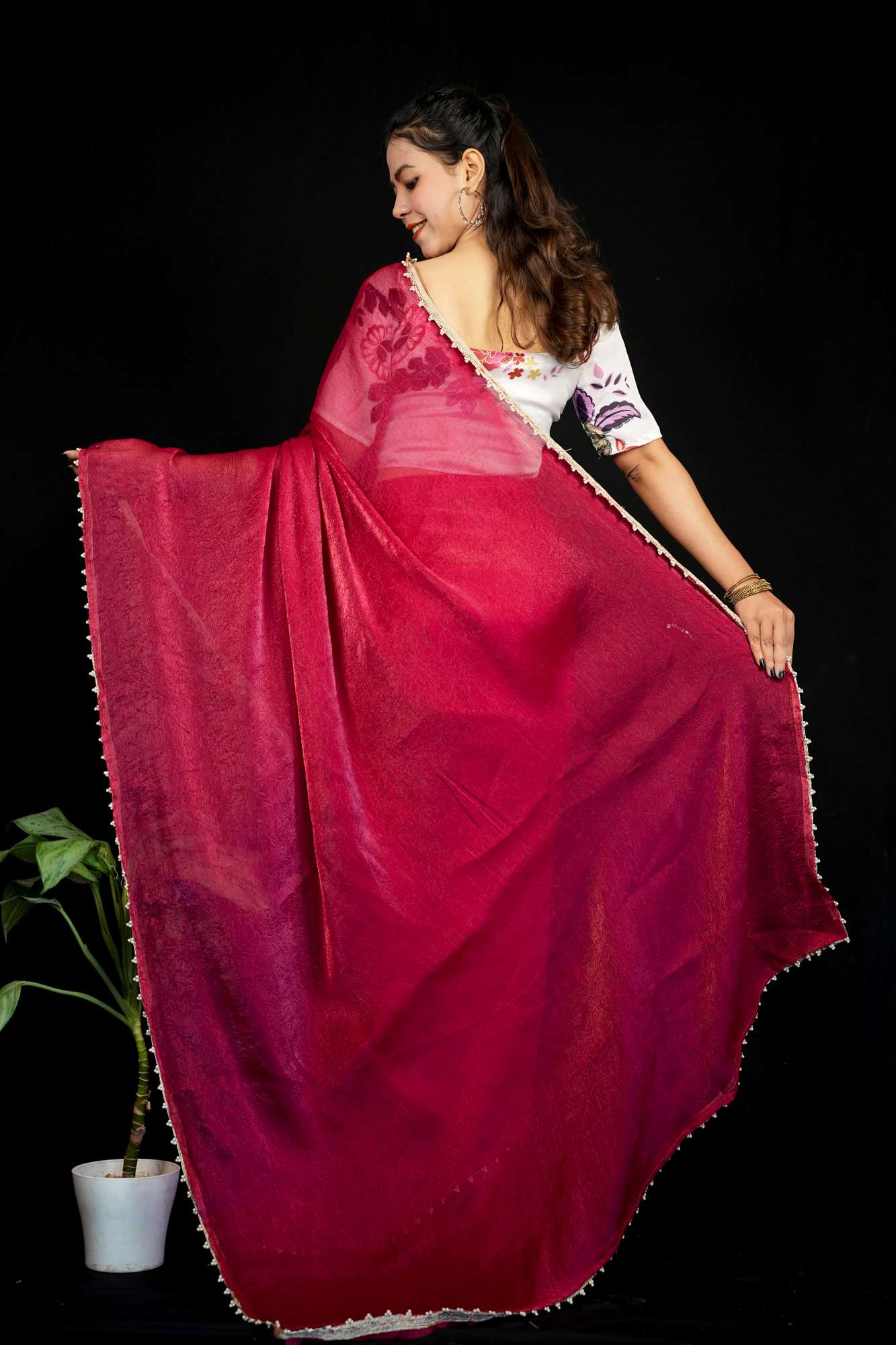 Beautiful Red Silk Crush Saree with Lace Trimmed Border & Full Stitched Kalamkari Print Handwork Blouse Wrap in 1 Minute Saree