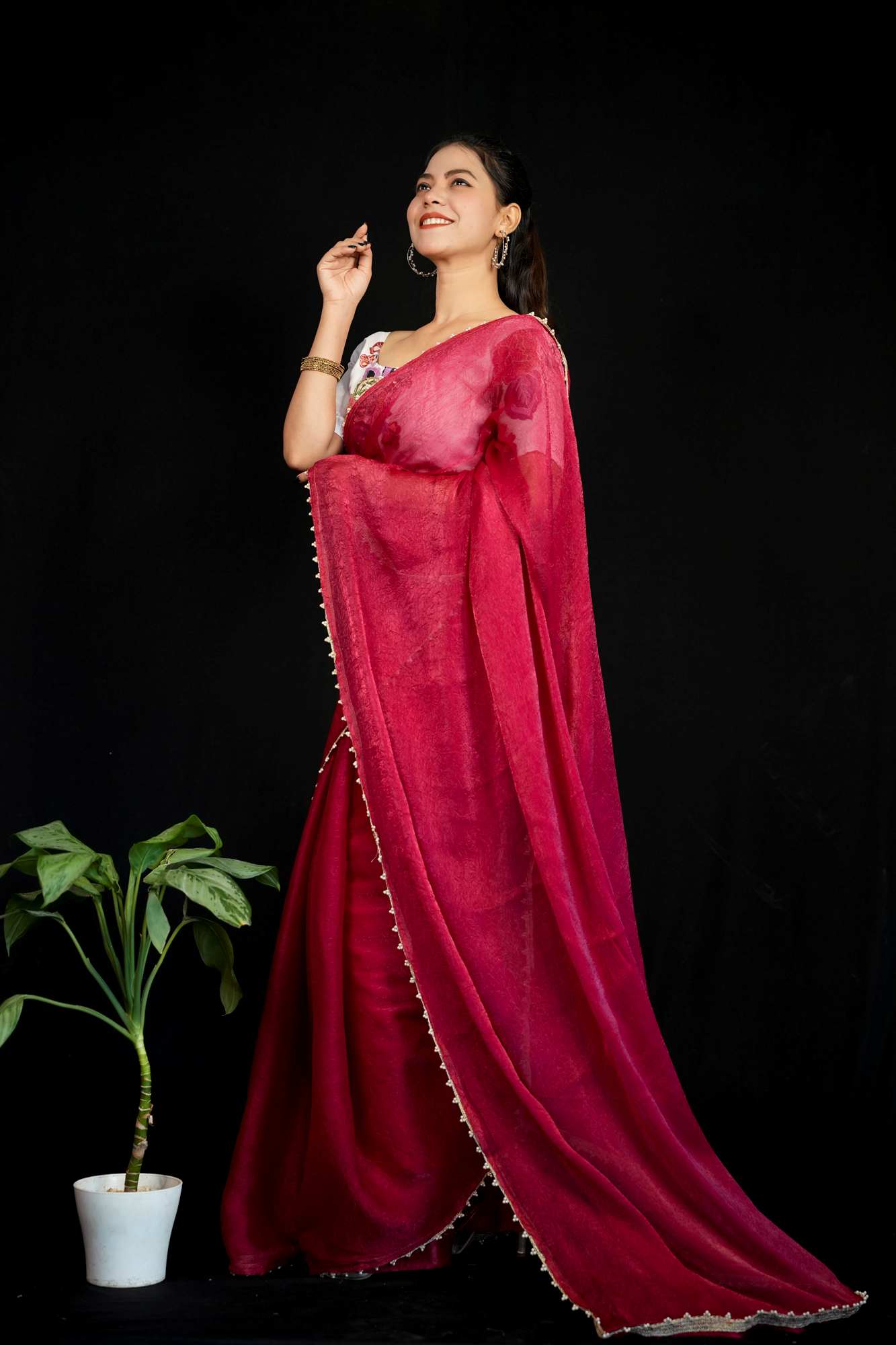 Beautiful Red Silk Crush Saree with Lace Trimmed Border & Full Stitched Kalamkari Print Handwork Blouse Wrap in 1 Minute Saree