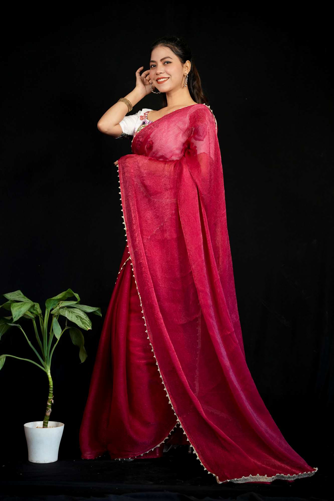 Beautiful Red Silk Crush Saree with Lace Trimmed Border & Full Stitched Kalamkari Print Handwork Blouse Wrap in 1 Minute Saree