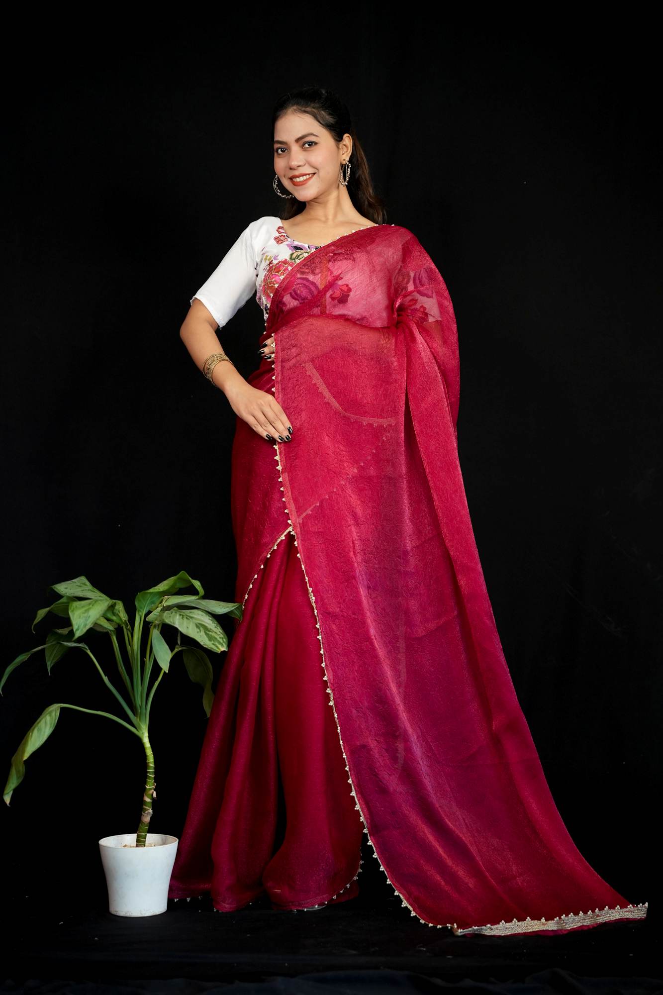 Beautiful Red Silk Crush Saree with Lace Trimmed Border & Full Stitched Kalamkari Print Handwork Blouse Wrap in 1 Minute Saree